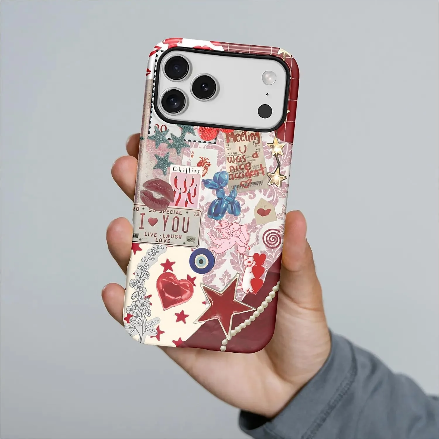 DAIZAG Case for iPhone 17 Pro Max,Mixed 2 Layer Design Shockproof Soft TPU Ddouble Protection Phone Case for iPhone 17 Pro Max-Conch Red Pearl Collage