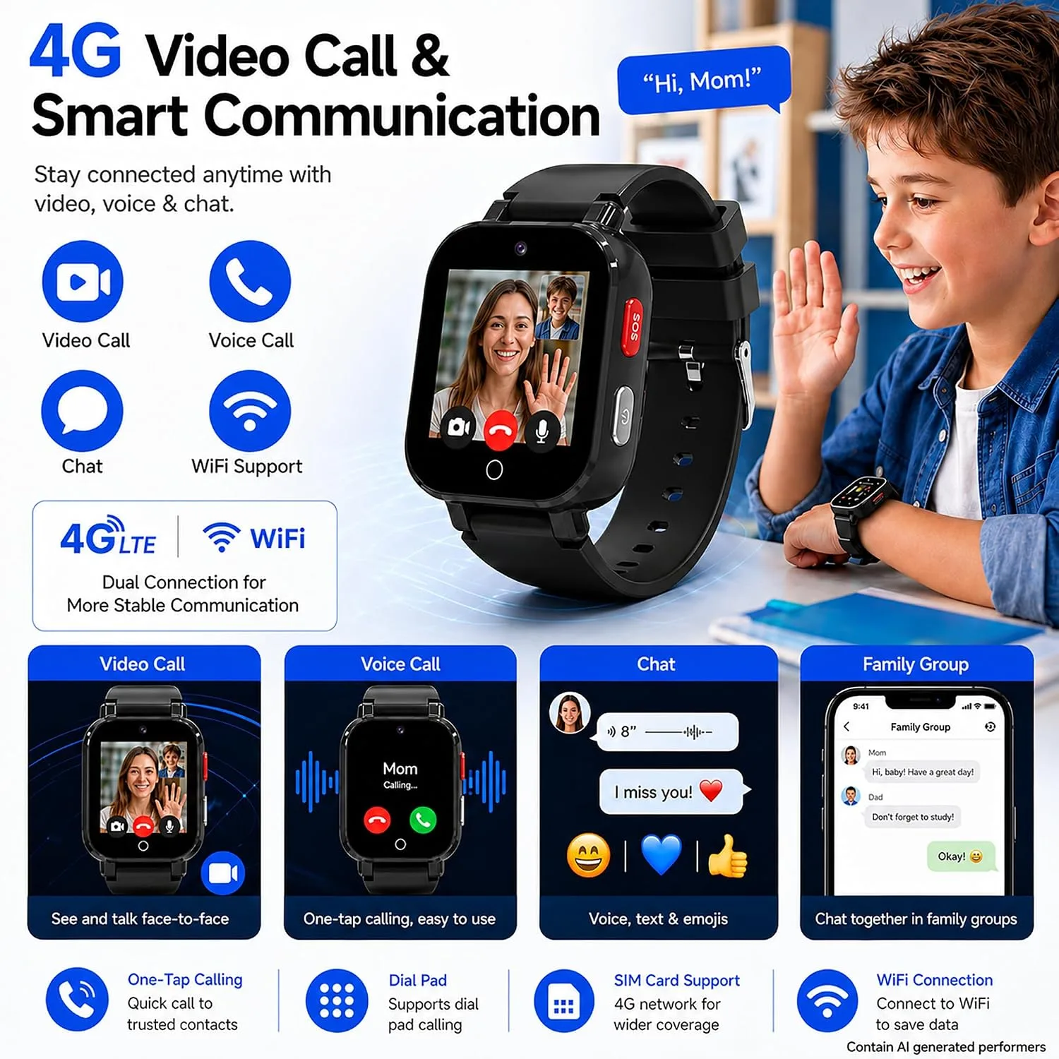 4G Kids Smart Watch with GPS Tracker, Video & Voice Call, SOS, WiFi, IP68 Waterproof, AI Smart Features, Parental Control Phone Watch for Boys Girls Age 3+ (SIM Card Included)