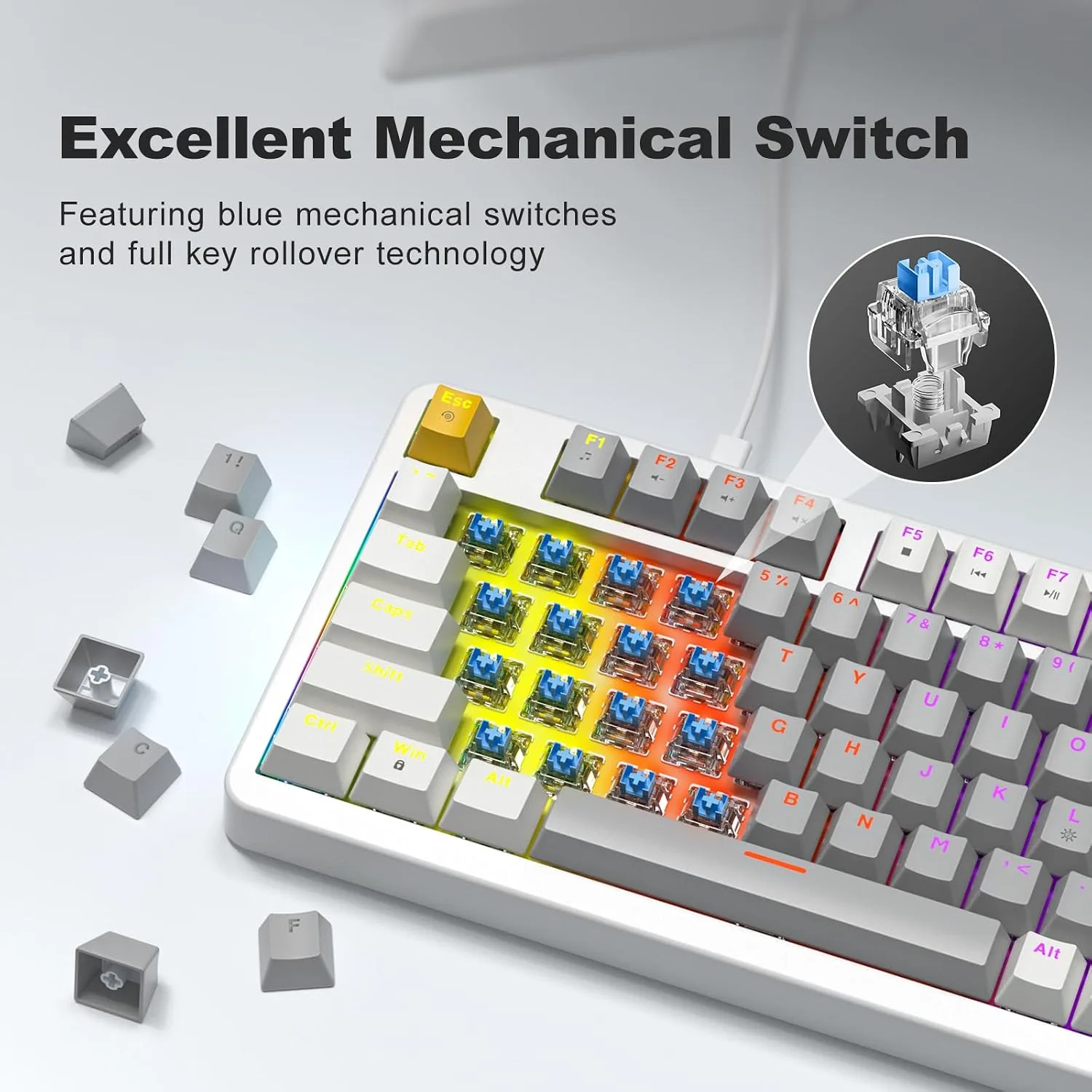 MOFII AK96 Mechanical Gaming Keyboard, Full Keys LED Backlit Programmable, Plug and Play USB A/C Wired Computer Custom Keyboard with Sound/Light Control Knob for Win/Mac - Gray & White