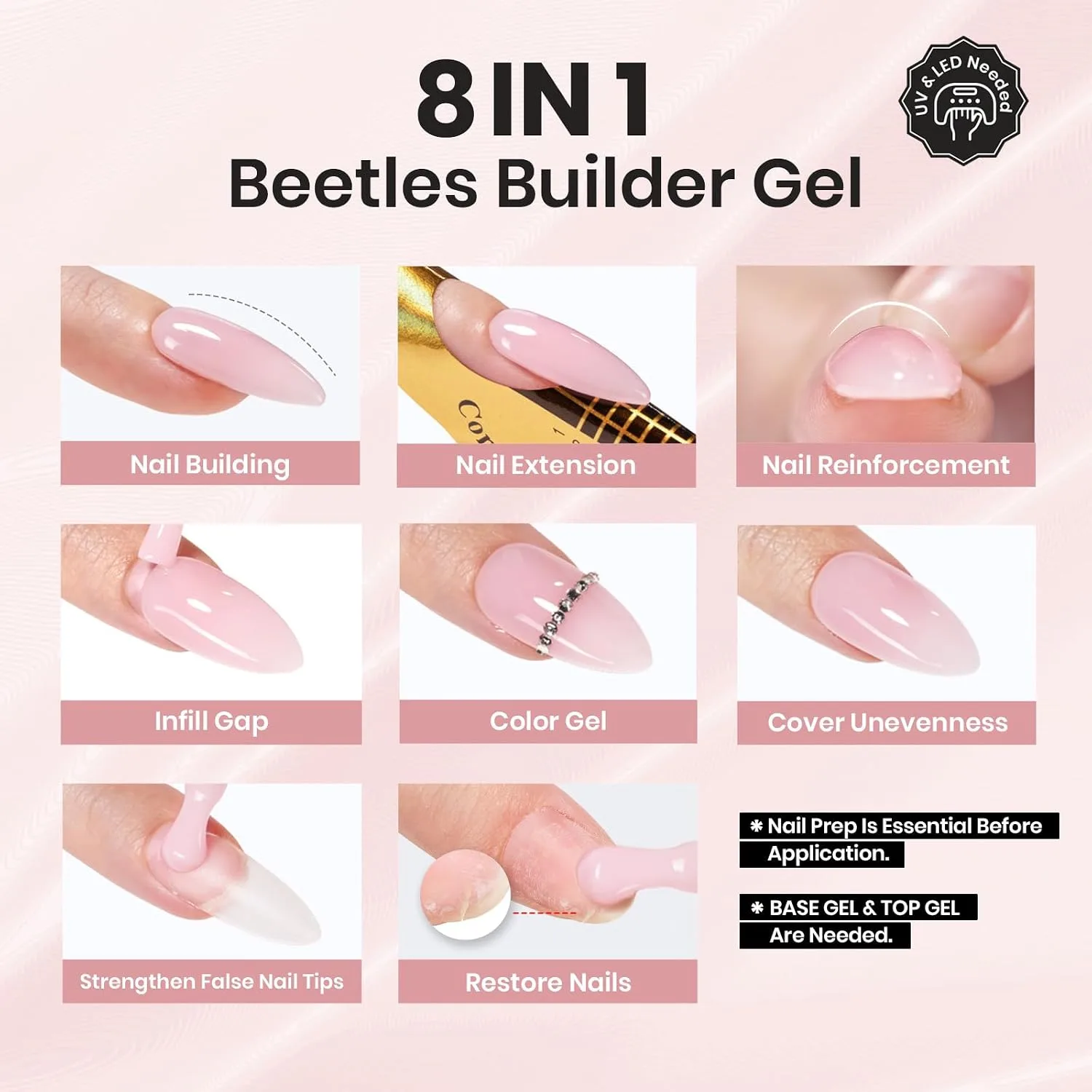 Beetles Builder Gel Nail Kit, 12 Colors 8 in 1 Nude Pink Builder Gels