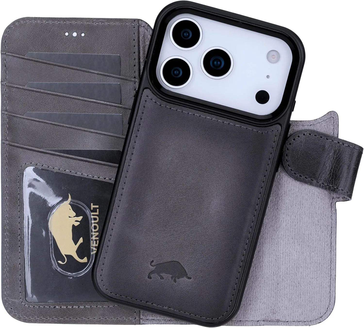 VENOULT Leather Wallet Case for iPhone Pro, Full Grain Genuine Leather, Magnetic Detachable, 4 Card Holder, Buesiness Style, Compatible with MagSafe, RFID (Sandy, iPhone 17 Pro MAX)