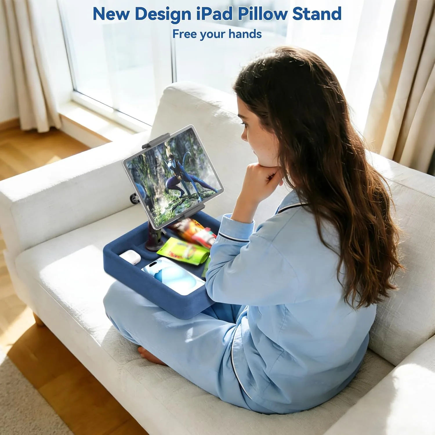 KDD Tablet Pillow Stand - Multi-Angle Adjustable iPad Holder for Lap, Bed and Desk - Foldable Kindle Soft Pad Dock with Storage Tray Compatible with iPad Pro 12.9, Air Mini, Phone, E-Reader