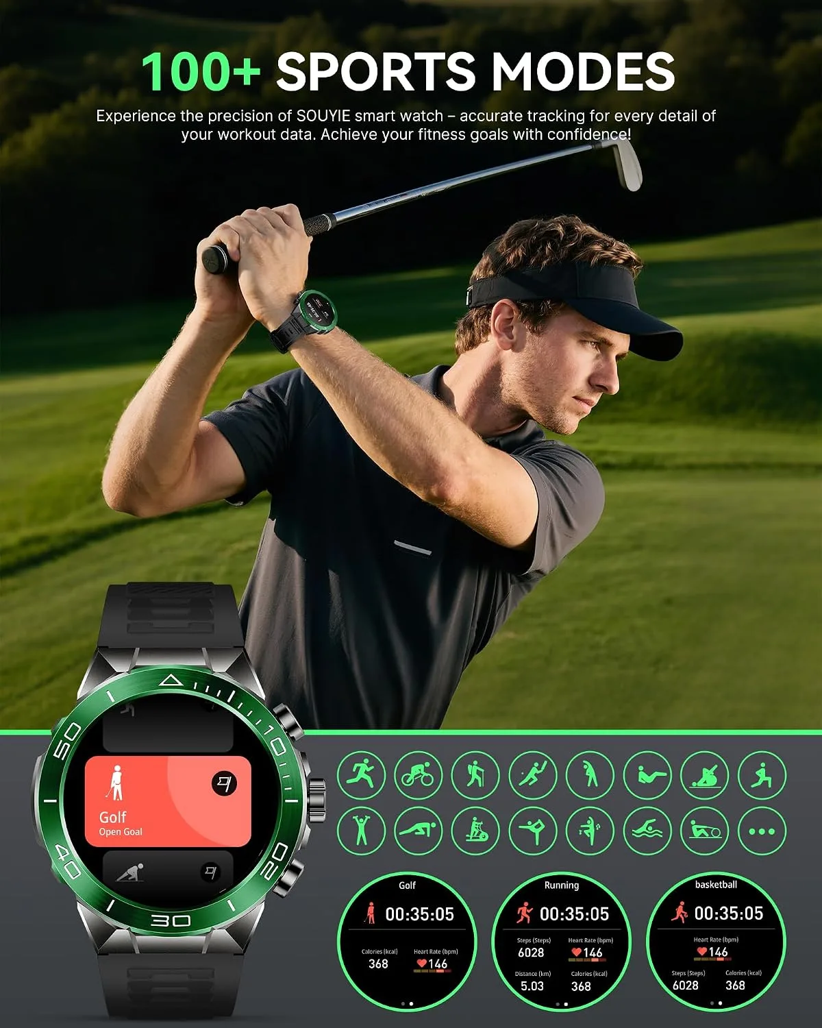 SOUYIE Men's Luxury Smart Watch 1.43" AMOLED Display HD Bluetooth Calling