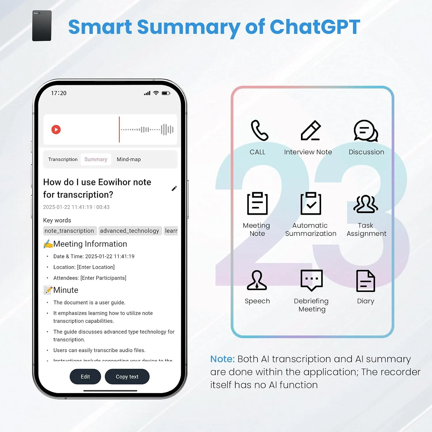 AI Voice Recorder, Transcribe & Summary Voice Recorder with Playback, Digital Voice Recorder Supporting Real-Time Translation in 59 Languages, Audio Recorder for Lectures, Meetings, 64GB Memory
