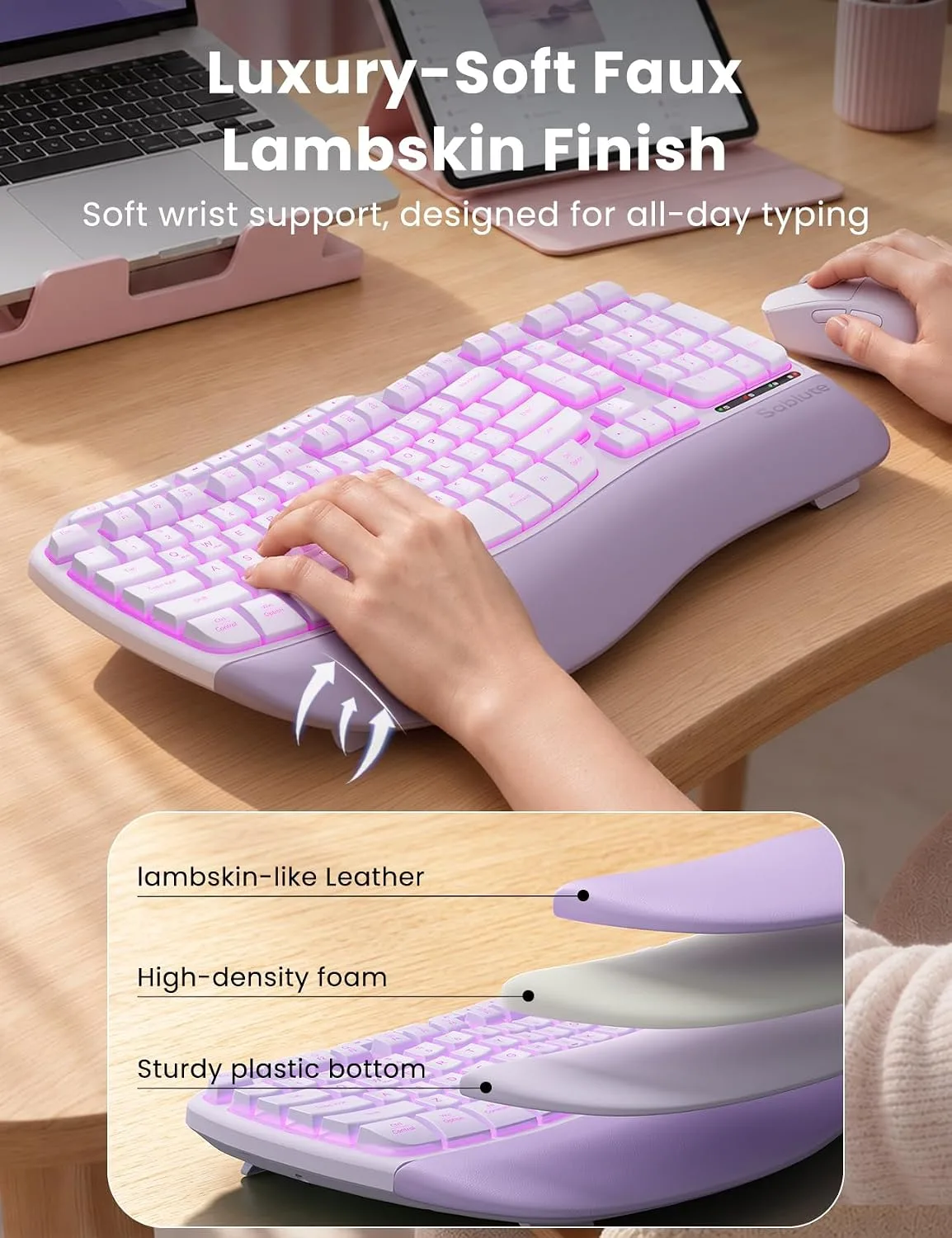 Purple Ergonomic Wireless Keyboard and Mouse Combo, Rechargeable 4000mAh Backlit Keyboard with Soft Faux Lambskin Palm Rest, Wave Keys for Natural Typing, Compatible with Windows/Mac/Chrome OS