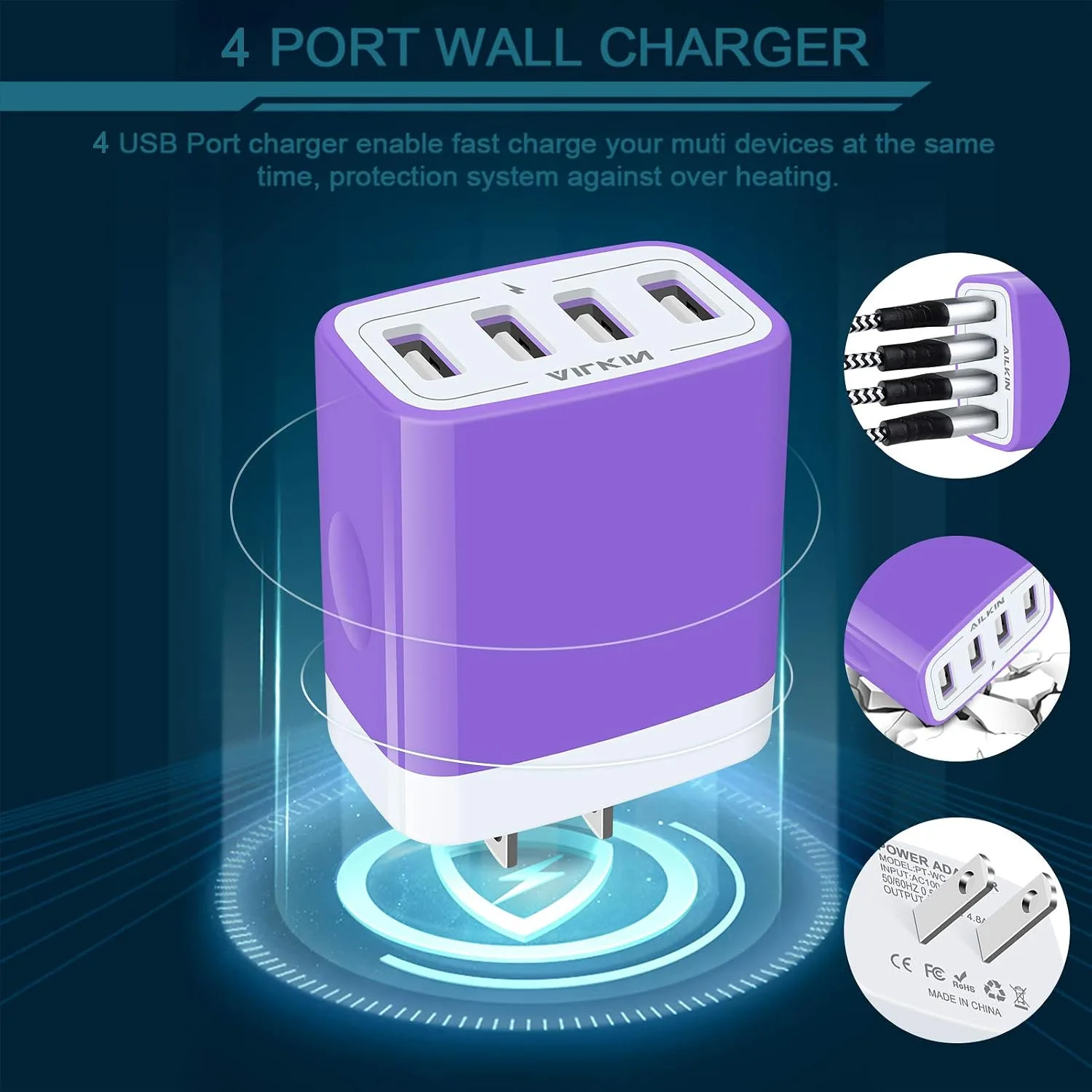 USB Charger Cube, Wall Charger Plug, AILKIN 4.8A 4-Muti Port USB Adapter