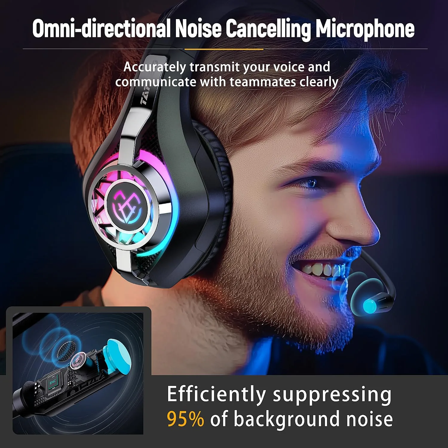 Tatybo Gaming Headset for PS5 PC, Noise Canceling Mic, RGB, Black