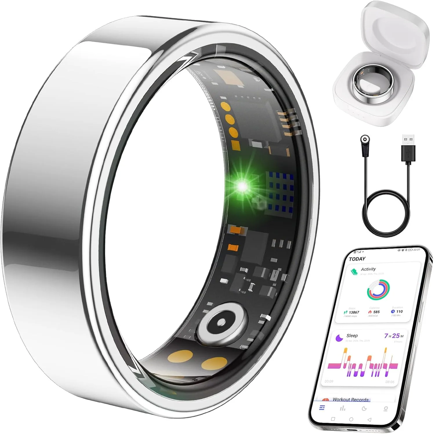 Smart Ring for Women Men, Health Tracker, Fitness Ring (Silver, 7#)