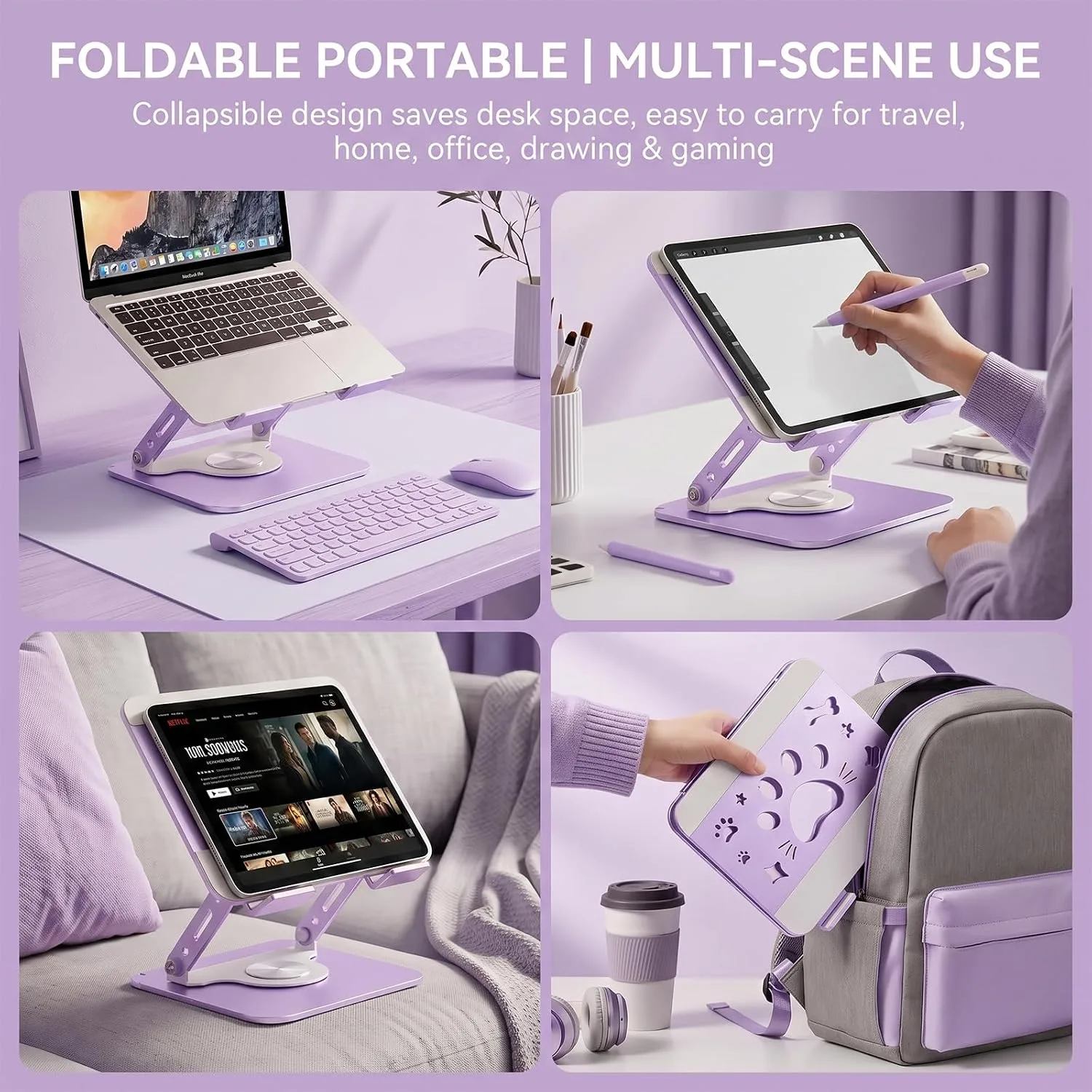 Adjustable Cat Paw Laptop Stand for Desk, 360° Rotating Foldable Carbon Steel Laptop Holder, Ergonomic Cooling Laptop Riser Fits 17.3 Inch MacBook Pro/Air Dell HP Lenovo (Purple)