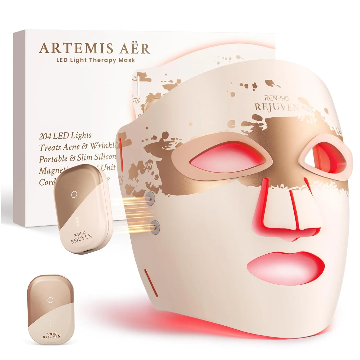 RENPHO Red Light Therapy Mask for Face, 204 LEDs, 3 Modes,Wireless LED Mask