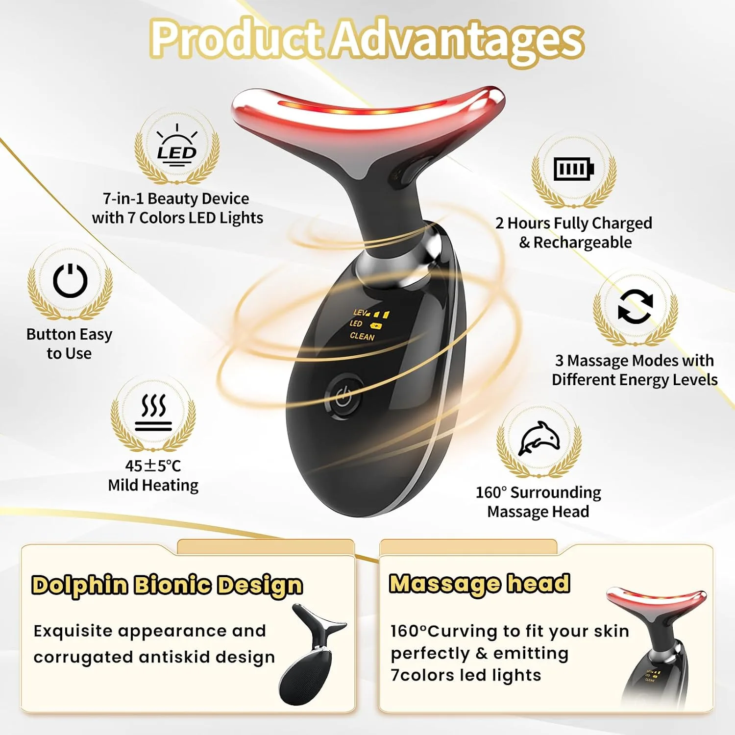 Portable Face Beauty Device, 7 Color Portable Face Massager Tool for Skin Care, Based on Triple Action LED, Thermal, and Vibration Technologies, at Home Skin Care Face Sculpting Tool(Glossy Black)