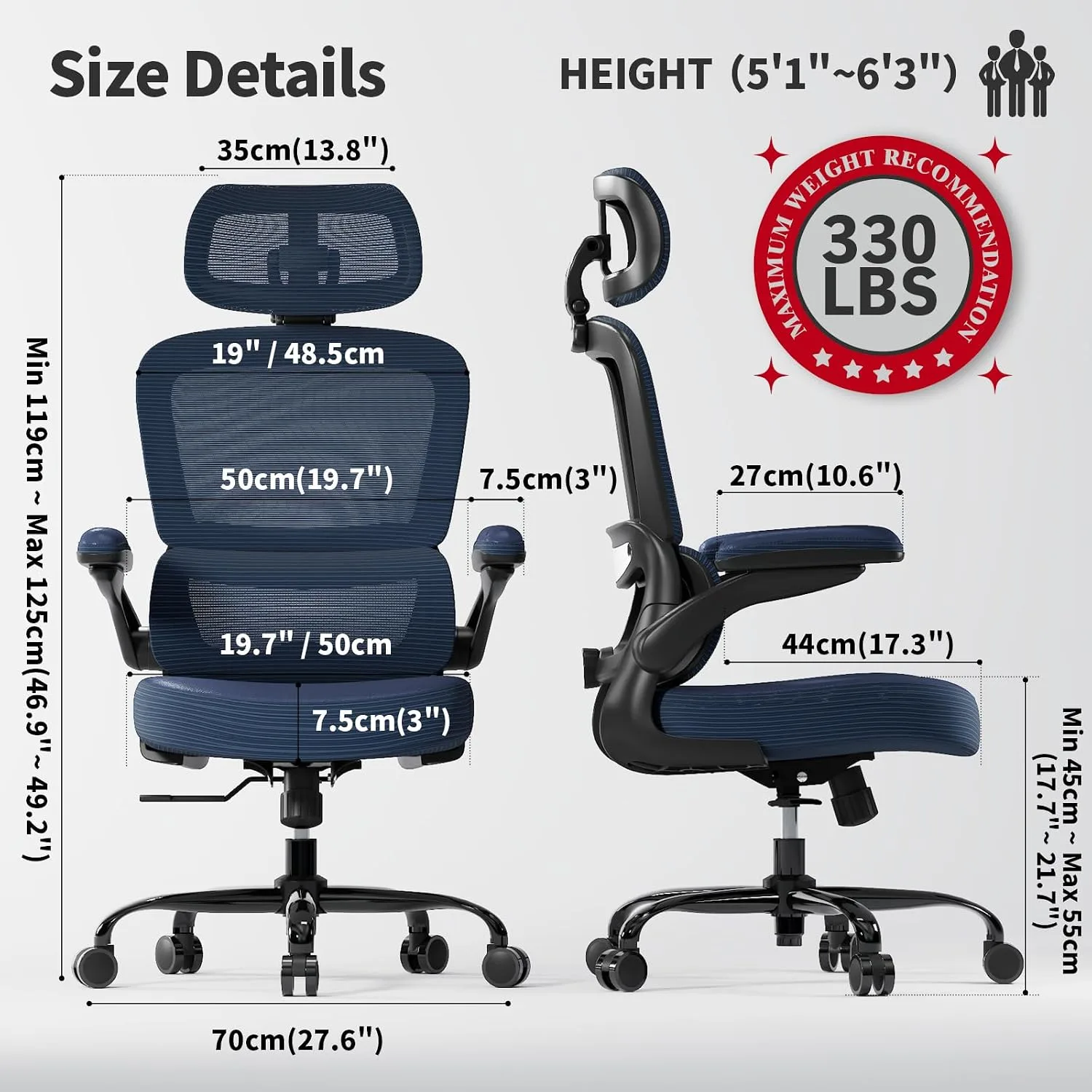 TRALT Office Chair Ergonomic Desk Chair with Lumbar Support Navy Blue PU, 1