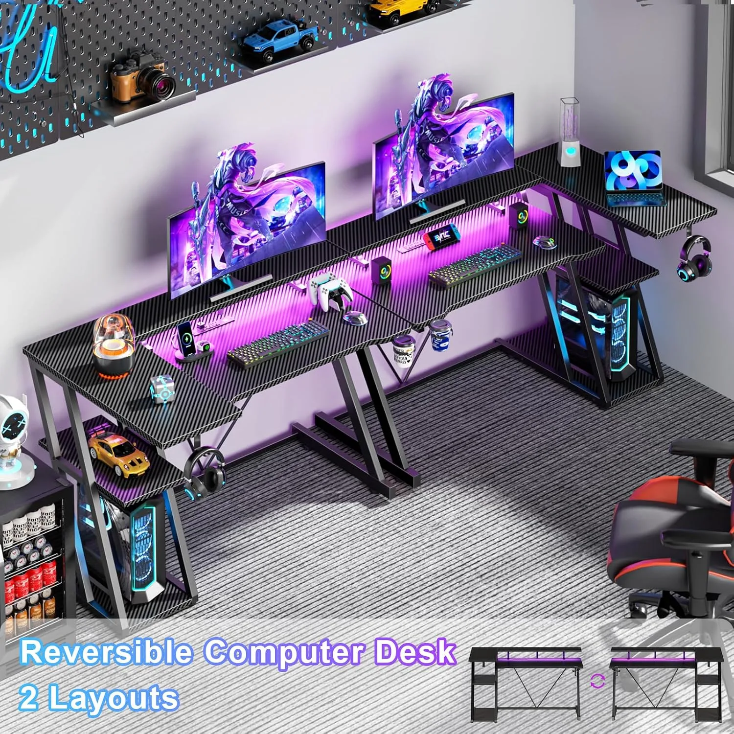 Korfile 40 Inch Gaming Desk with Power Outlet, LED, Carbon Fiber Black
