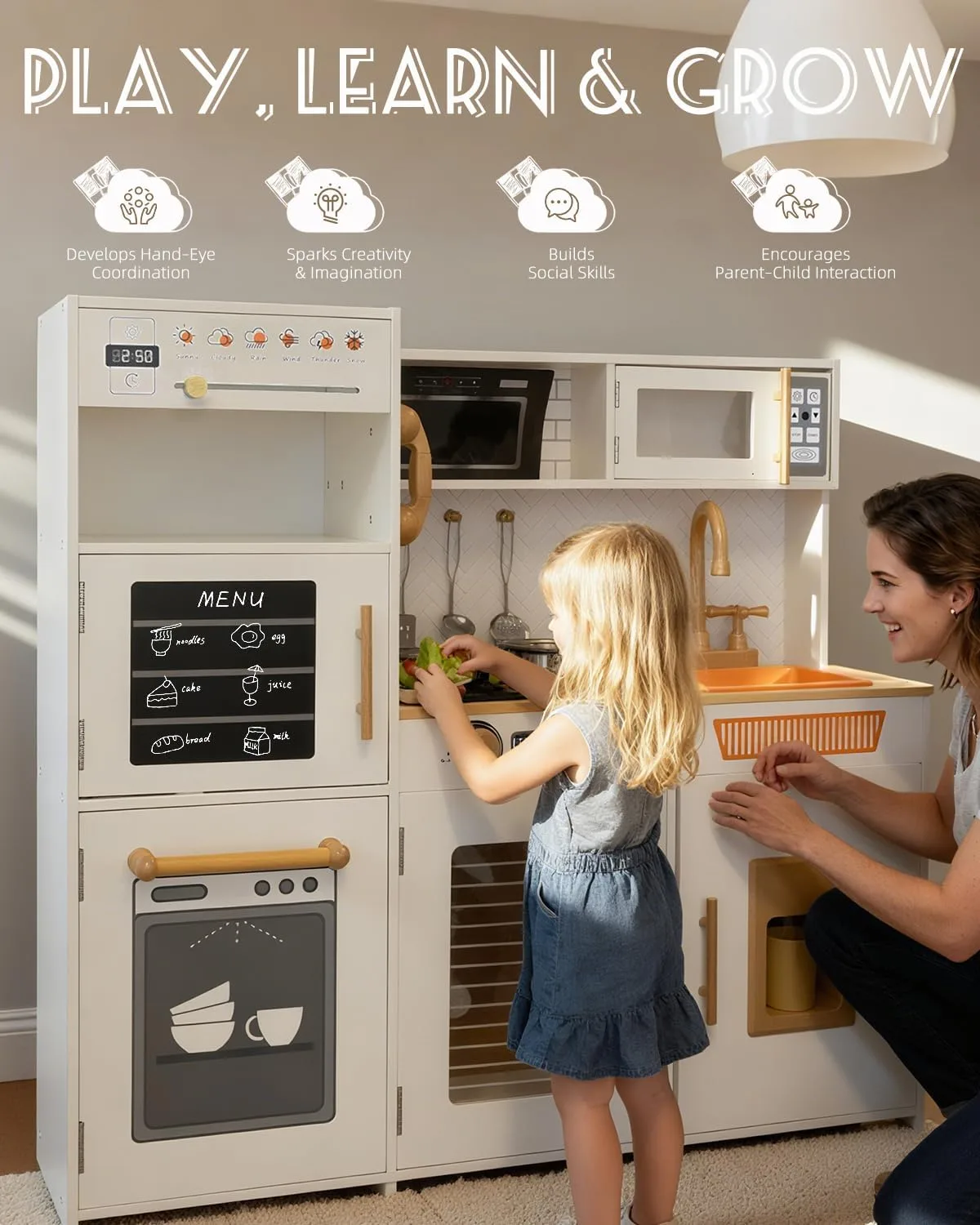 YUG Heavy-Duty Wooden Play Kitchen Set with Real Lights & Sounds, Compliant Premium Pretend Kitchen Toy Including Stove, Oven, Ice Maker, Range Hood, for Kids Ages 3+, ASTM CPSIA Compliant