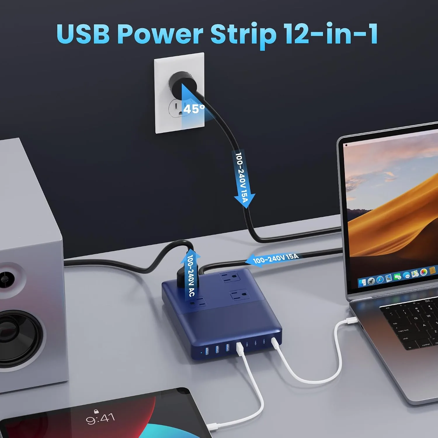 12-in-1 Charging Station USB C Power Strip with 5ft Cord and Plug,200W GaN IV USB C Charger Block,4 AC Outlets,8 USB for MacBook,iPhone 18/17/16,Fast Charging Desktop Charger for Office,Home Blue