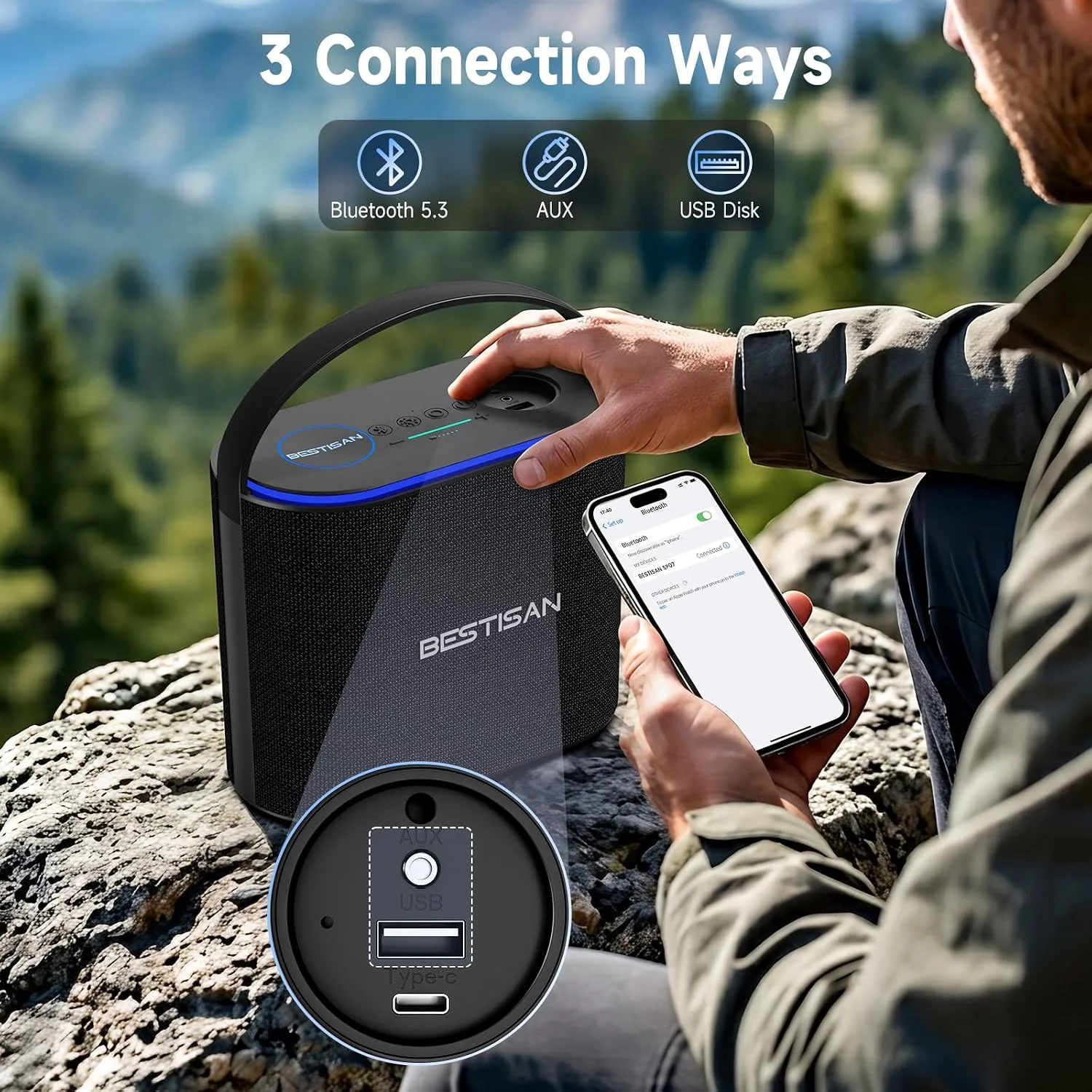 BESTISAN Bluetooth Speaker, 2.1CH 90W Stereo Sound, Built-in 50W Subwoofer, Upgraded 7 RGB Lights, TWS, 15H Play Portable Speaker, Deep Bass, Hands-Free Calling for Party, Camping, Travel, Garage