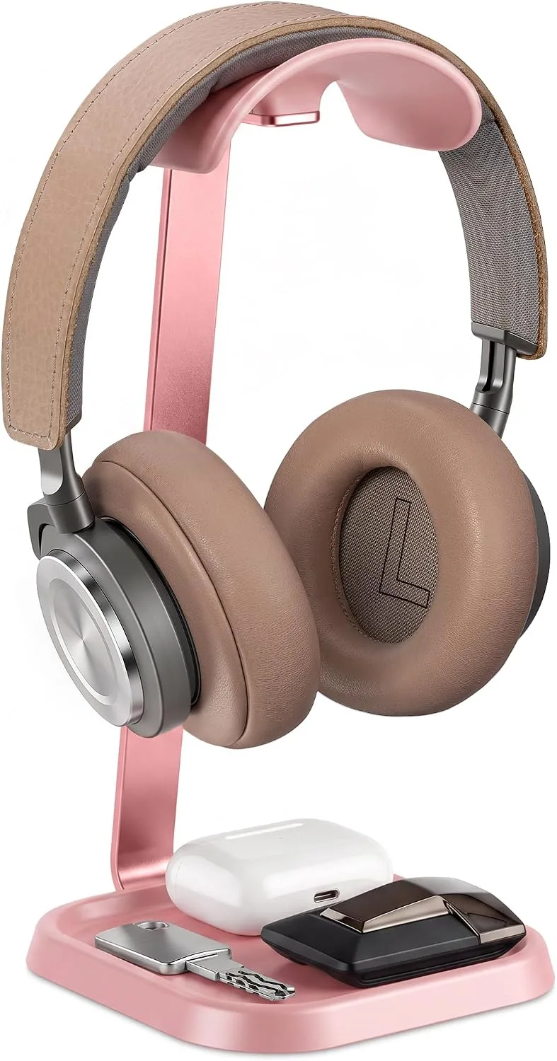 Headphone Stand, Desktop Gaming Headset Holder with Storage Tray (Pink)