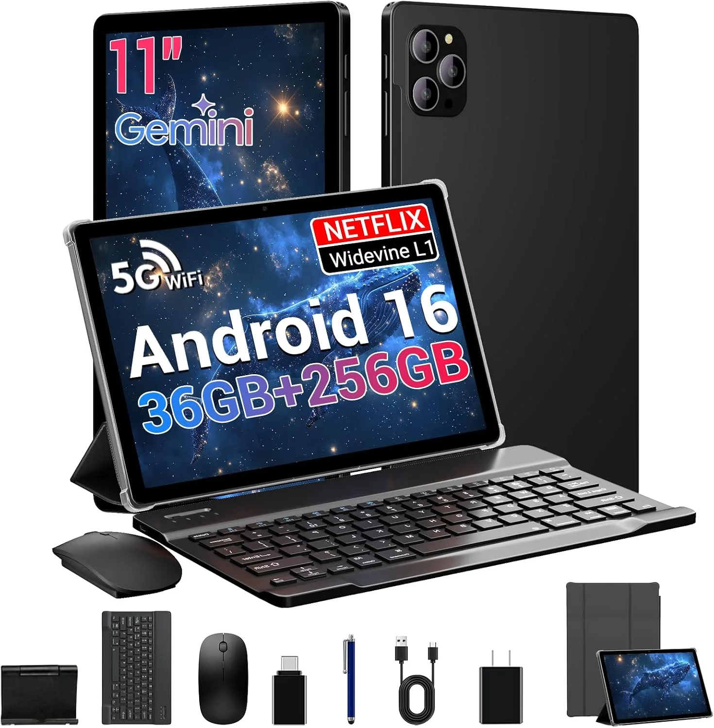 11 Inch Tablet Android 16 Tablet with Gemini AI, 2K FHD Display Tablets, 36GB RAM 256GB ROM, Octa-Core T615, 2-in-1 with Keyboard, 8000mAh,5G WiFi&16MP Camera, Widevine L1 for Stream Black