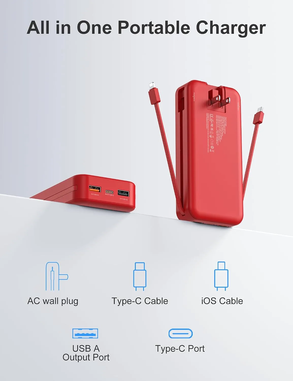 Portable Charger Power Bank 20000mAh with Built in Cables & Wall Plug