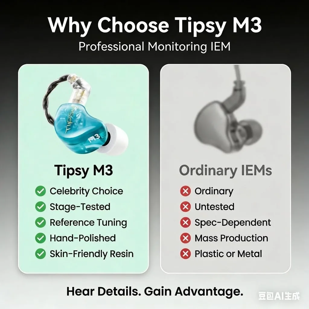 Tipsy M3 Professional IEM for Musicians, 2BA + 1DD Drivers, 36dB PNC, IPX5, Acoustic-Runway™ Technology, Skin-Friendly Resin, Detachable 0.78mm 2-pin Cable (B-Blue)