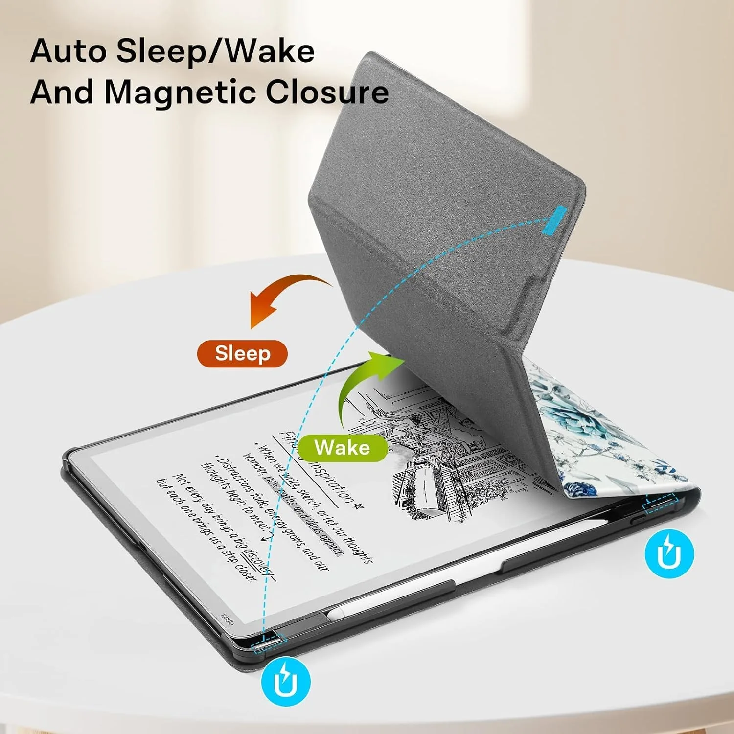 CoBak Case for 11" Kindle Scribe 3rd Generation 2025, Kindle Scribe Colorsoft with Two Viewing Angles - All New PU Leather Cover with Auto Sleep Wake, Pen Holder. Blue Blossom
