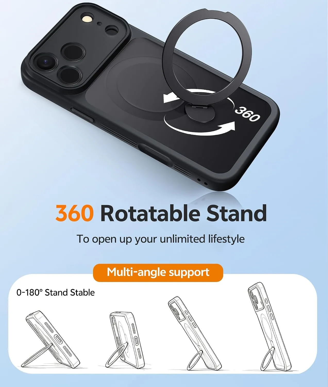 for iPhone 17 Pro Case with 360 Spin Stand, Black