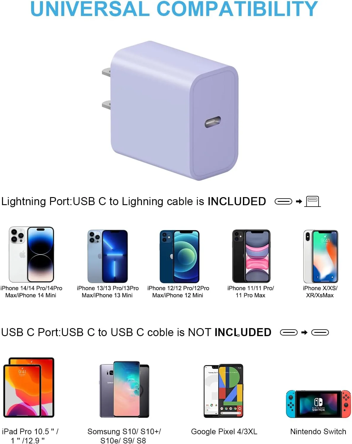 iPhone 14 13 12 11 Super Fast Charger [2Pack] cargador 20W Rapid USB C Wall Charger Block with 6FT Fast Charging Cable Compatible with iPhone 14/13/12/11/Pro/Pro Max/Mini/Xs Max/XR/X, iPad - Purple