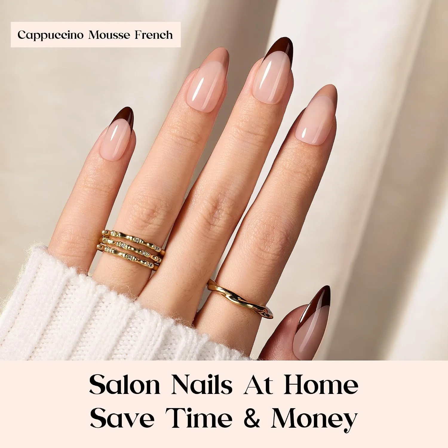 Beetles French Tip Press On Nails - Medium Almond 7 Colors, Brown 224 Pcs