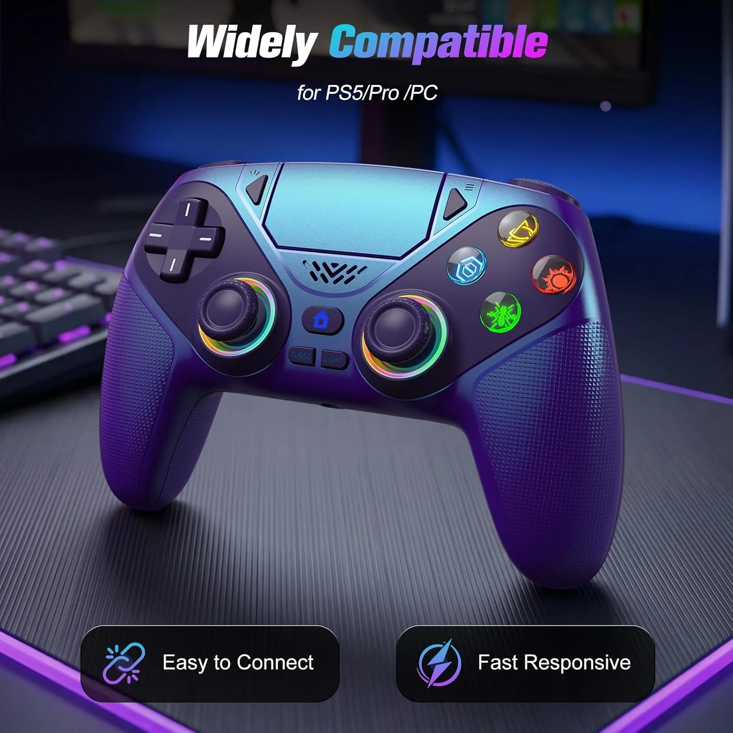 Gamrombo RGB Wireless Controller for PS5/PC – Bluetooth Gamepad with Turbo, Macro, Dual Vibration, 6-Axis Motion, 3.5mm Audio Jack & 1000mAh Battery