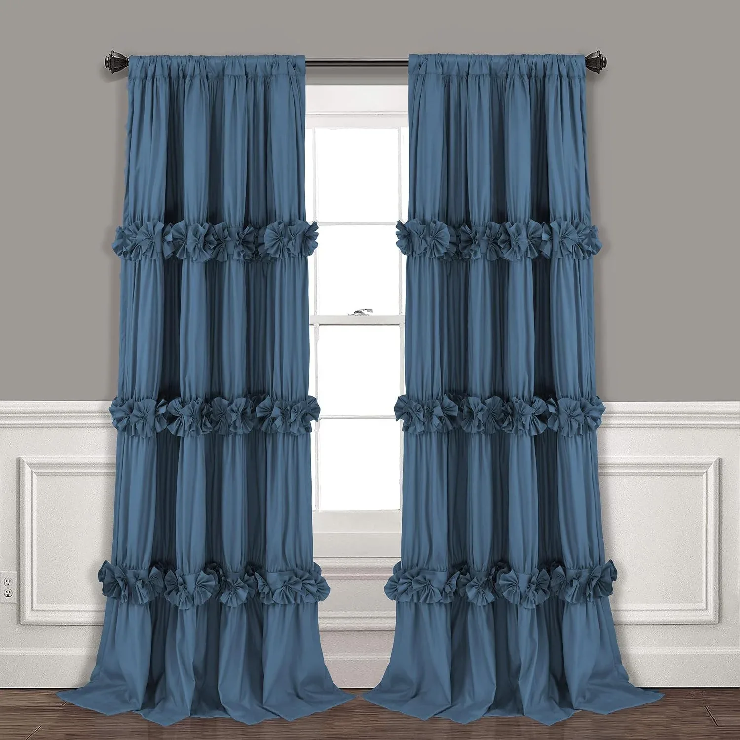 Homechoice Decor Thermal Insulated Blackout Window Curtains, 54" W x 84" L x 2 Panels, Boho Ruched Window Treatments with 3 Rows of Butterfly Flowers, Rustic Rod Pocket Drapes, Dusty Blue (LQ-30)