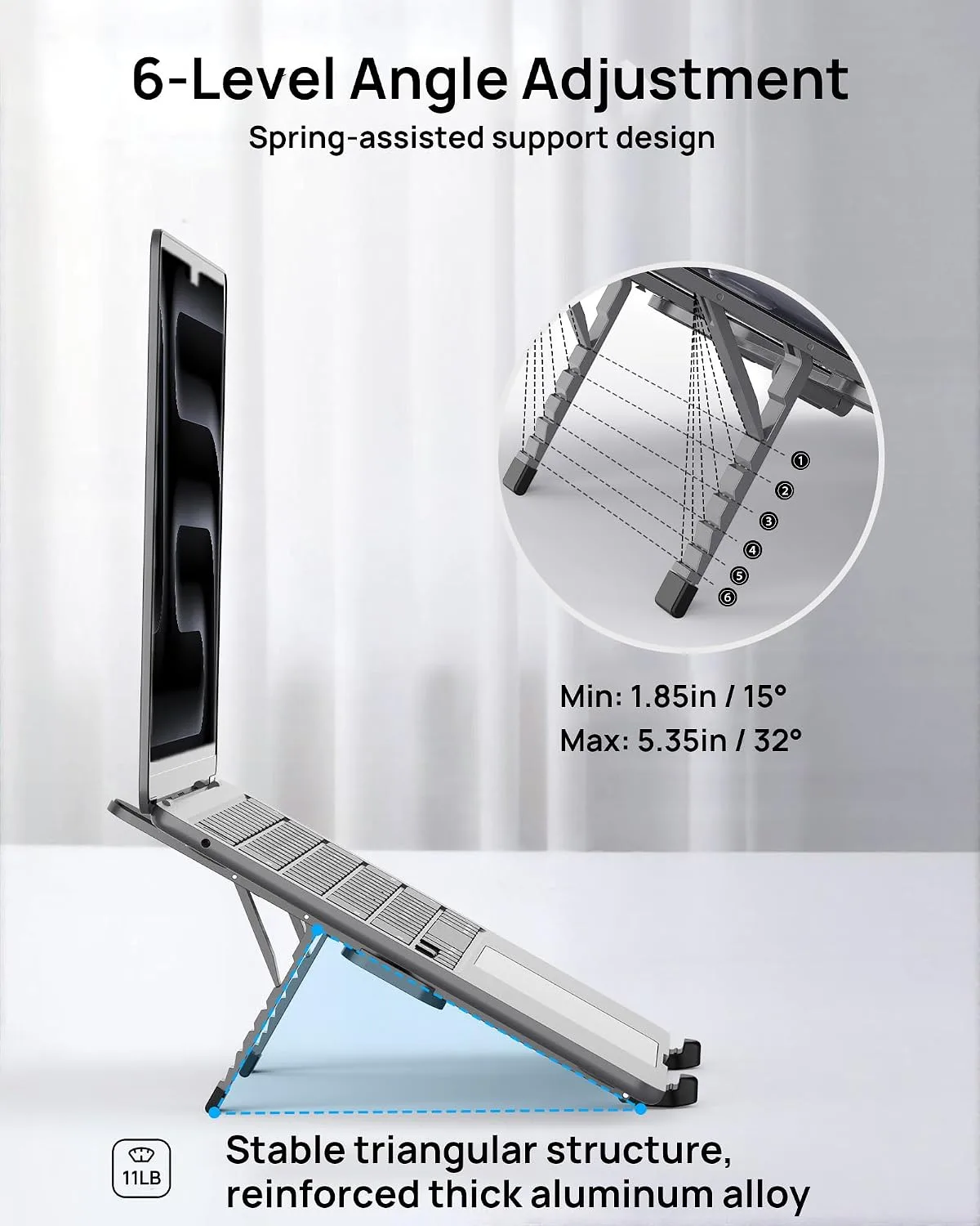 SODI Ultra Compact Foldable Laptop Stand - Portable Laptop Holder for Desk & Travel Use, Adjustable, Ergonomic Aluminum Computer Holder for MacBook, Tablet 10-16" (Plus-Gray, Bi-Fold)