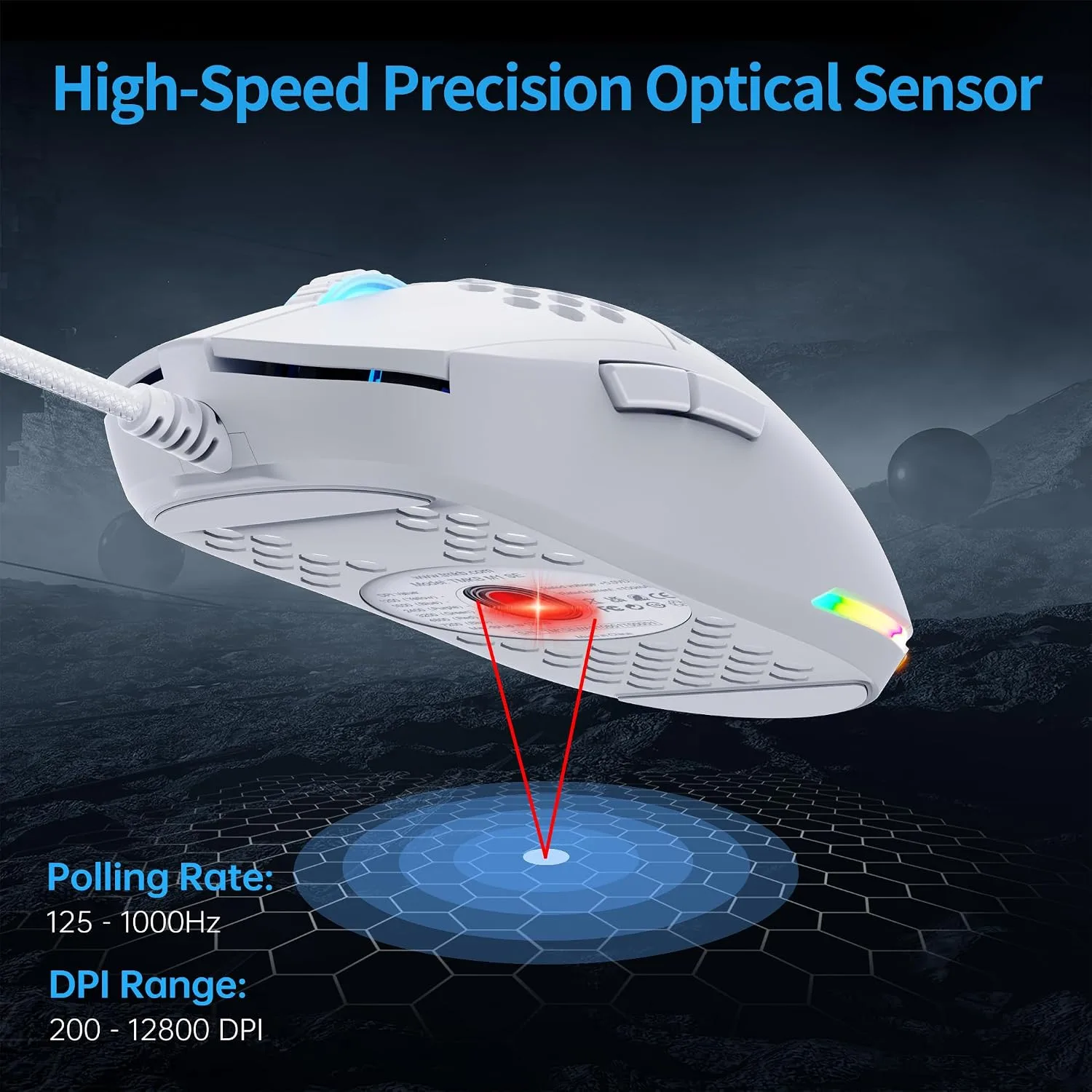 TMKB Falcon M1SE White Gaming Mouse, Wired, Lightweight Honeycomb, 12800DPI