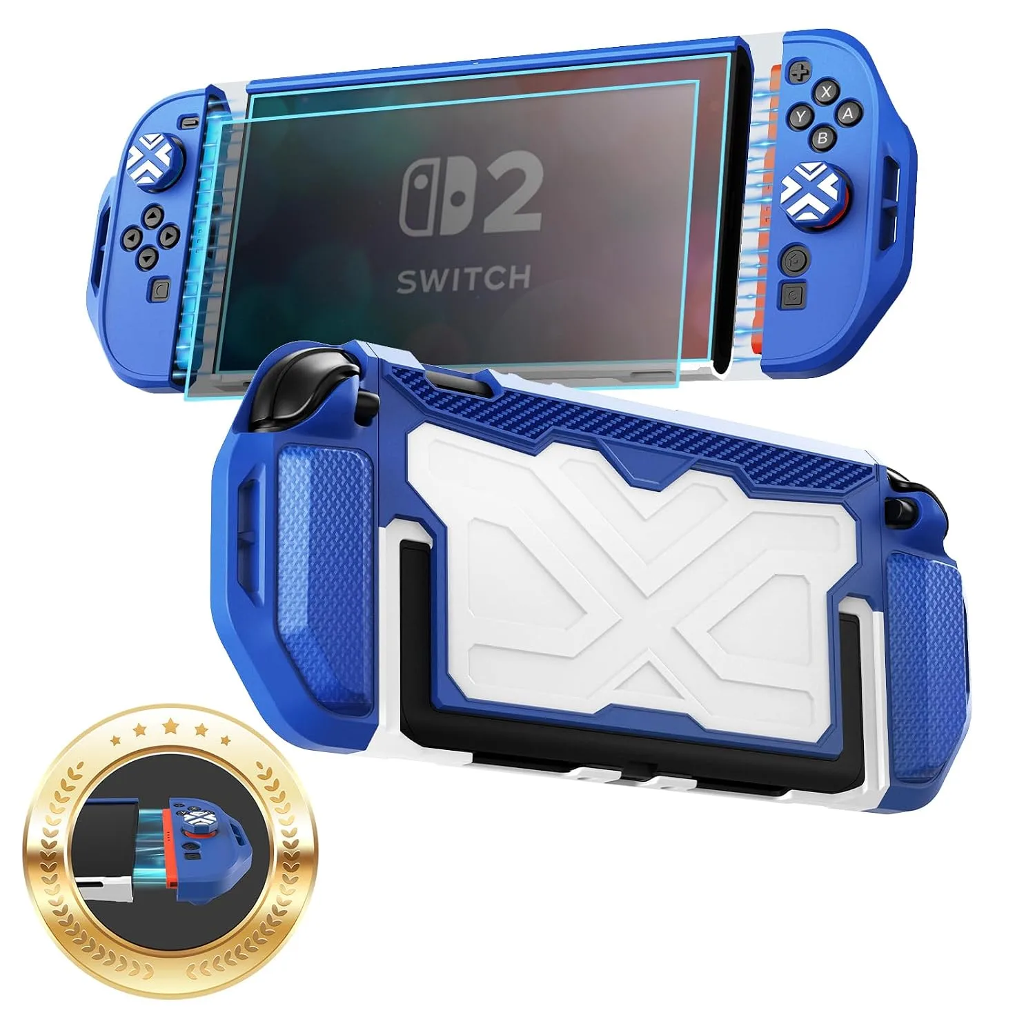 Toladoshop Dockable for Switch 2 Grip Case (2025) Accessories, Armor Slim Military-Grade Protection for Detachable 3PCS Design Joncon Holder with Screen Protectors and Joystick caps, Blue