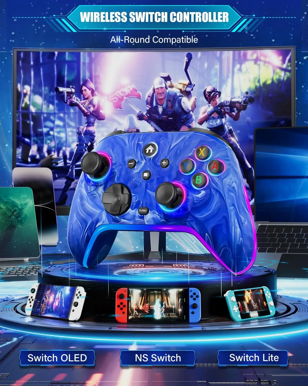 Wireless Switch Controllers for Nintendo Switch/Lite/OLED/Switch 2, 1200mAh Rechargeable Pro Controller, 10 Colors LED Light up, Switch Turbo Remote with Vibration/Motion Control/Turbo/Gyro/Wake up