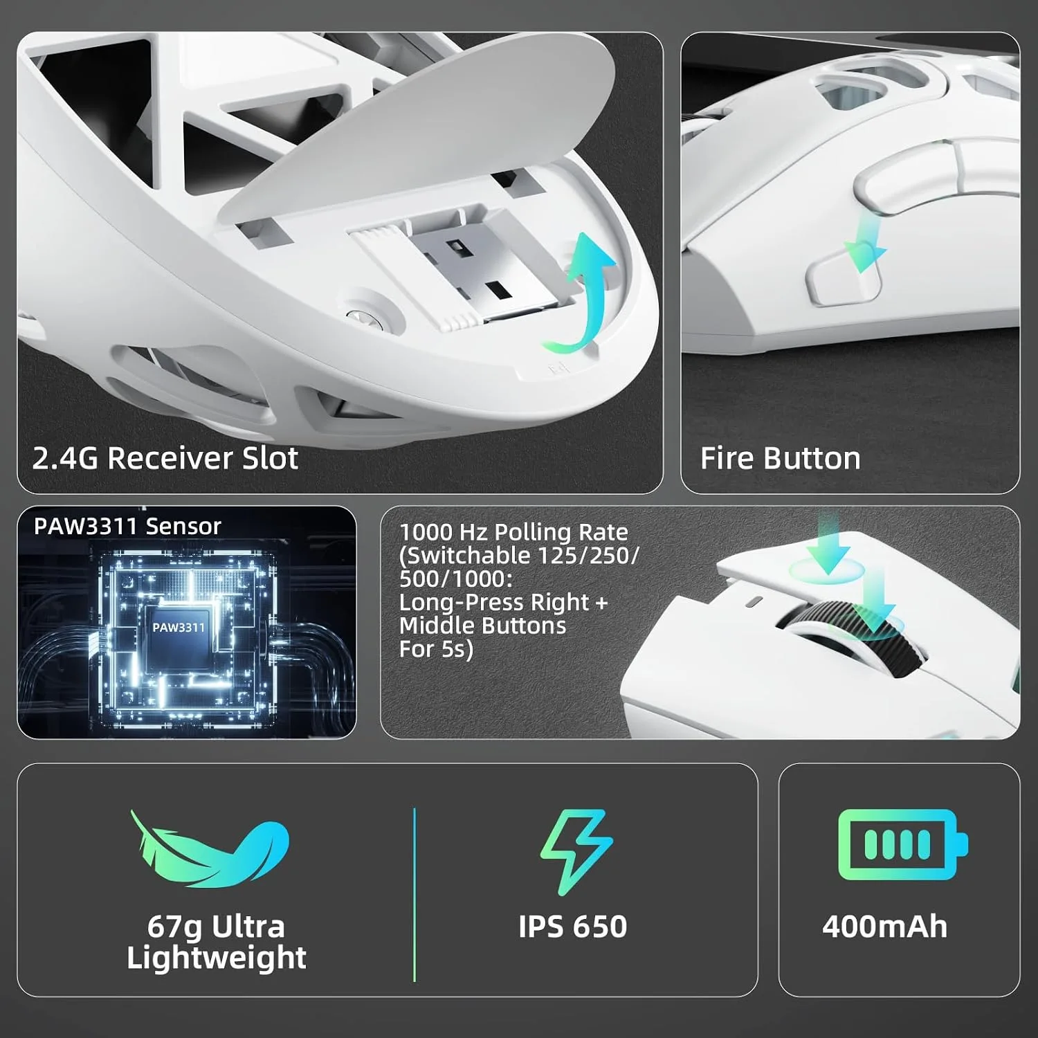 Aula SC620 Wireless Gaming Mouse, Tri-Mode 2.4GHz/USB-C/BT5.3 Computer Mouse with 12000 DPI, Programmable Macro Gamer Mouse with Rapid Fire Key, RGB Light White Gaming Mice for PC/Laptop/Mac