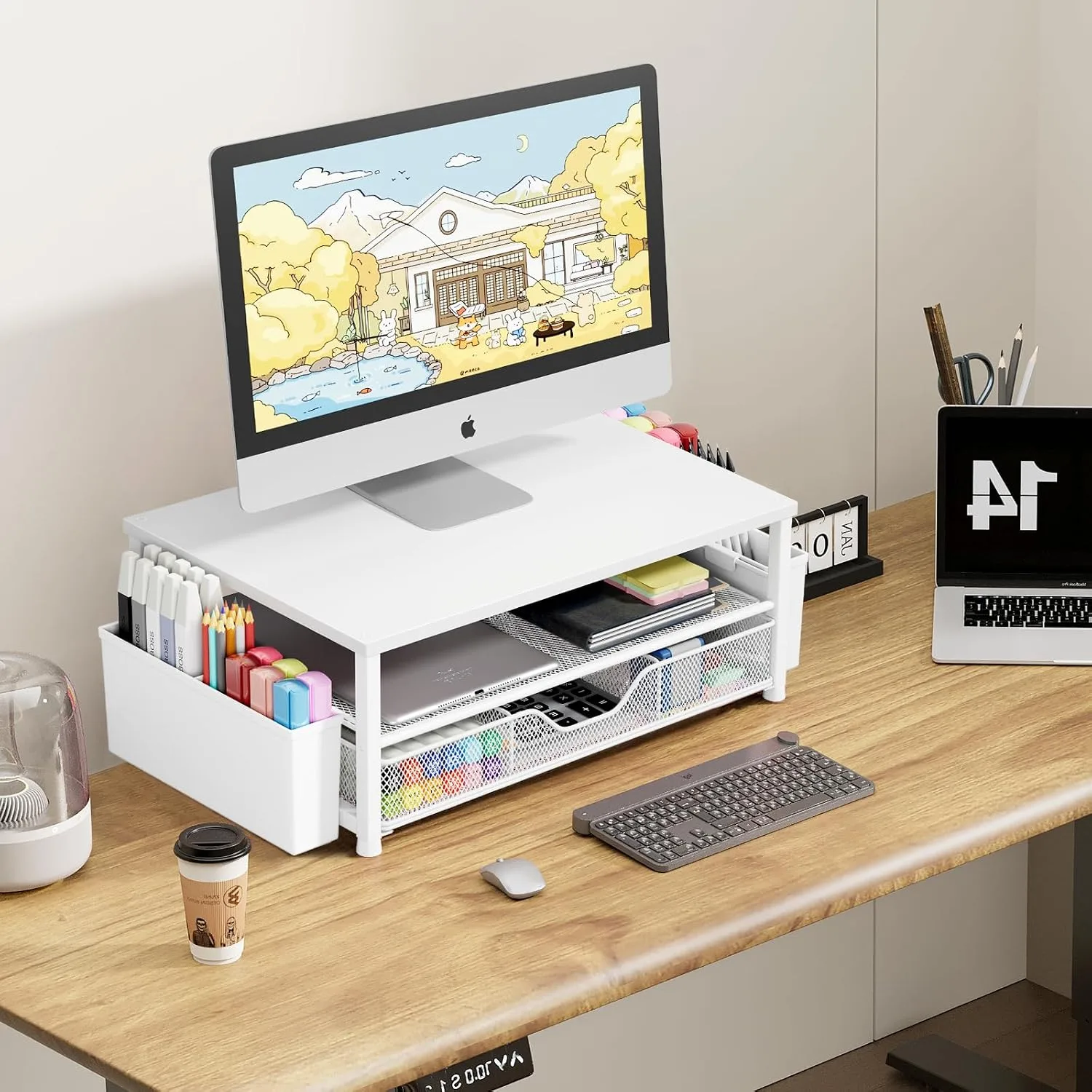OPNICE Desk Organizer, Monitor Stand Riser with Drawer and 2 Pen Holders