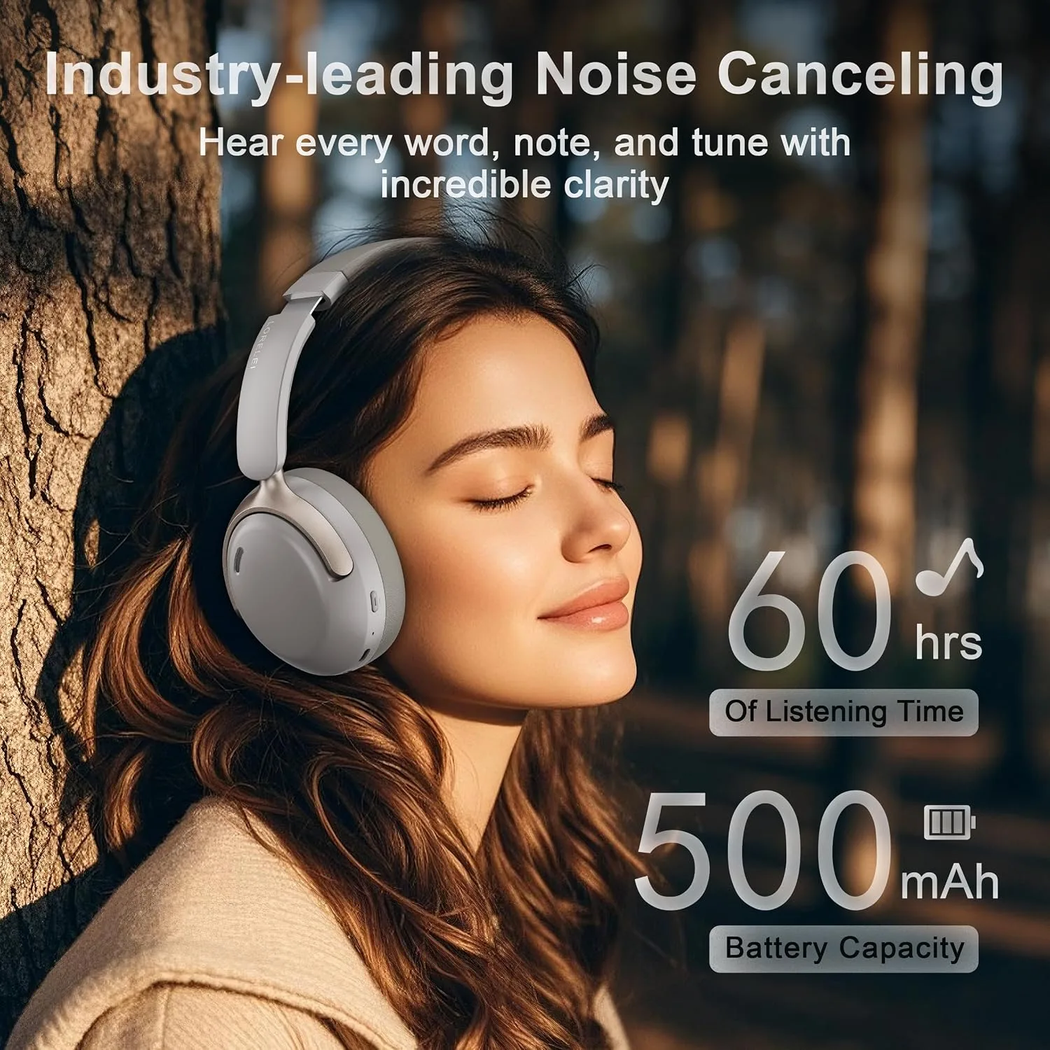 LORELEI QC30 Hybrid Active Noise Cancelling Headphones, 60H Playtime, Built-in Mic, Wireless Over Ear Headsets with Case,Bluetooth 5.4,Deep Bass Comfort Fit Soft-Earpads Fast Charging -Dunes Grey