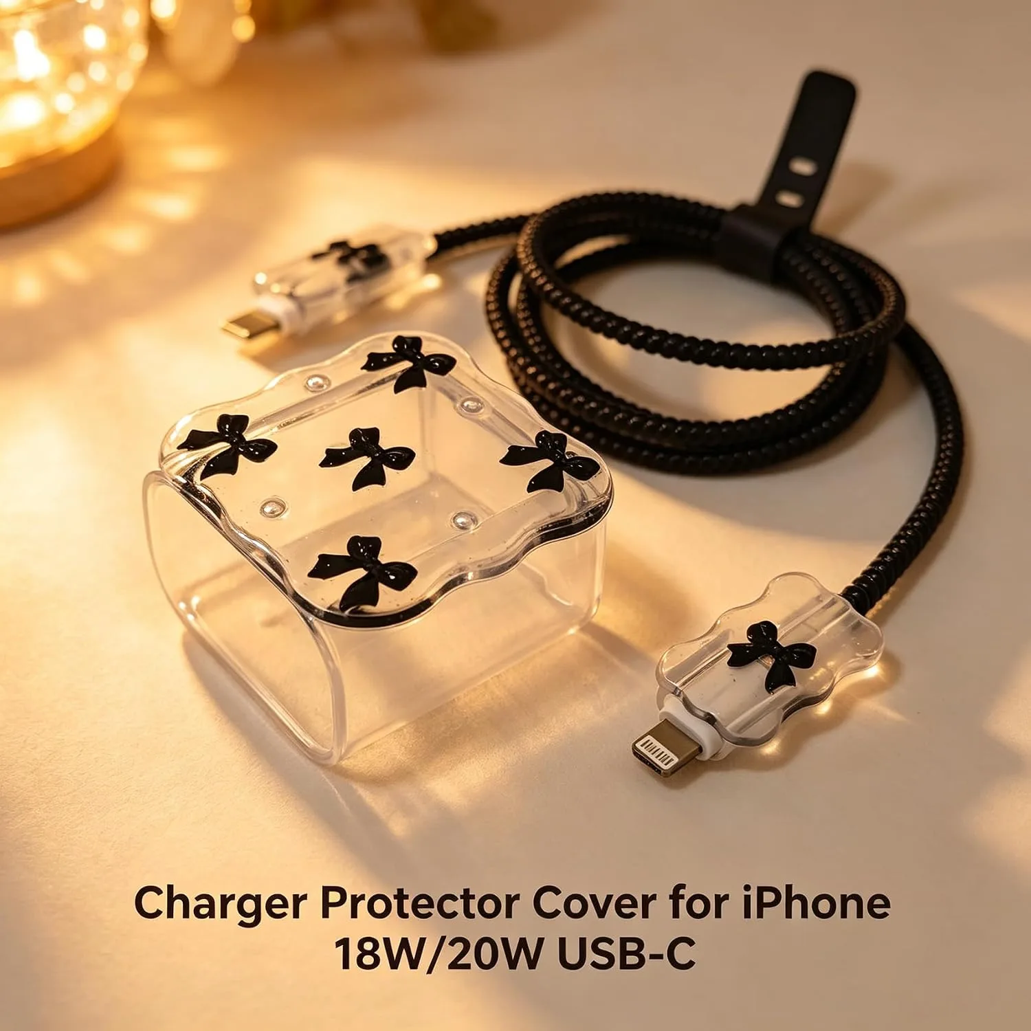 Compatible with iPhone 18W/20W USB-C Charger Protector Cover, 3D Cute Cartoon Charger Case for Apple iPhone 20W USB-C Power Adapter and Lightning Cable Protective Wire Saver (Black Bow Tie)
