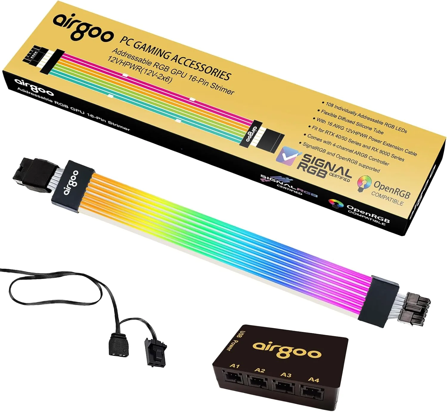 Airgoo Addressable RGB GPU Strimer, ARGB GPU 16-Pin Power Extension Cable