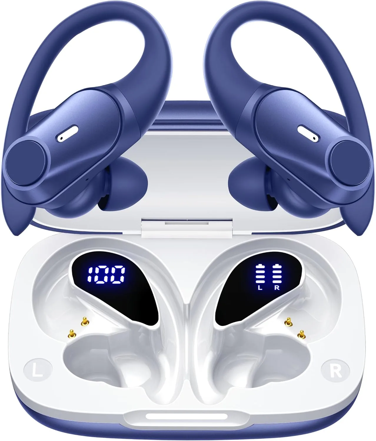 Active Noise Cancelling Ear Buds Wireless Bluetooth Headphones 80H Playtime Display Charging Case 50dB ANC Over Ear Hooks Earbuds with Hi-Res Sound & Clear Calls for Sports Running Gym Workout Blue