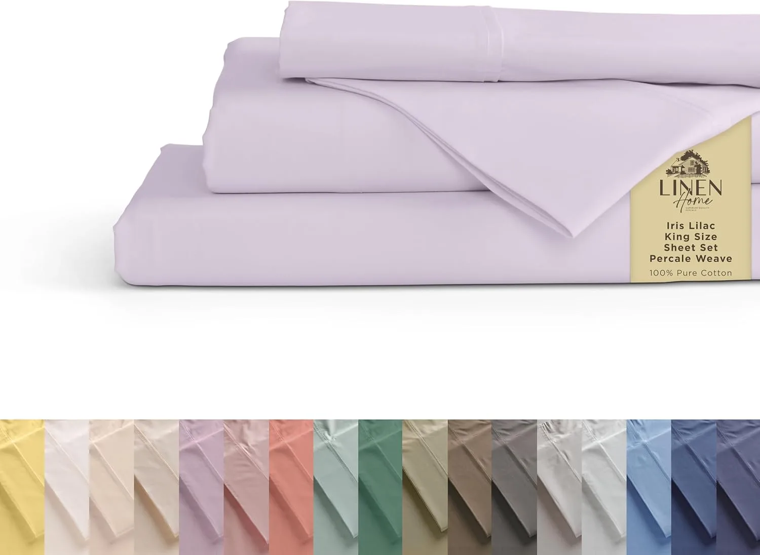 Linen Home 100% Cotton Percale King Sheets, 4 Pc Cooling Set - Iris Lilac