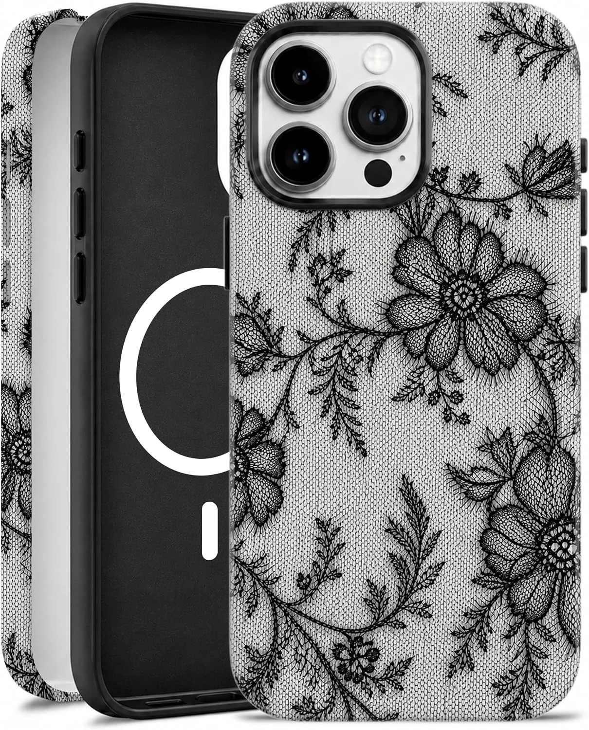 Magnetic for iPhone 15 Pro Black Lace Phone Case, Floral Flower