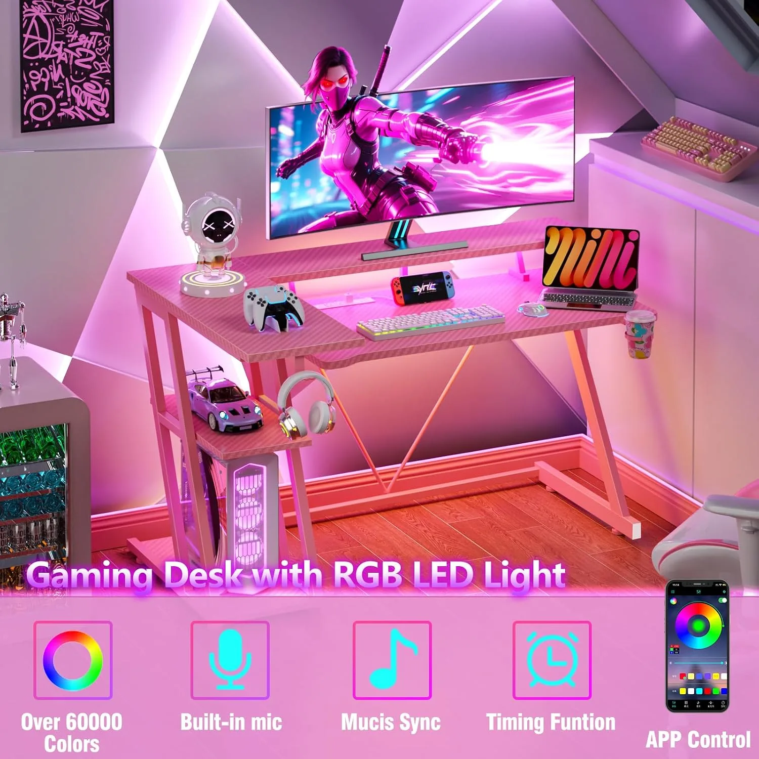 Korfile 40 Inch Gaming Desk with Power Outlet, LED, Carbon Fiber Pink