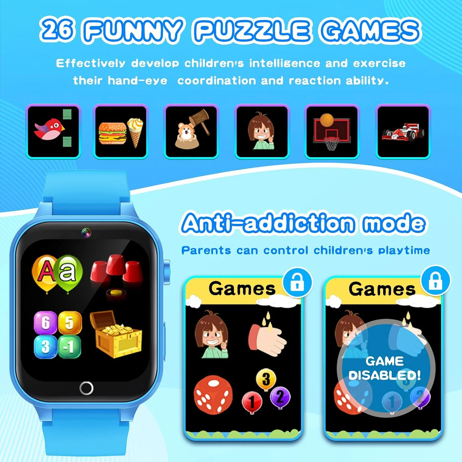 Cosjoype Kids Smart Watch for Kids with 26 Puzzle Games HD Camera Video MP3 Player Habit Tracking Learn Card Flashlight 12/24 hr Kid Watches Gift for 5-12 Year Old Boys Toys for Boys