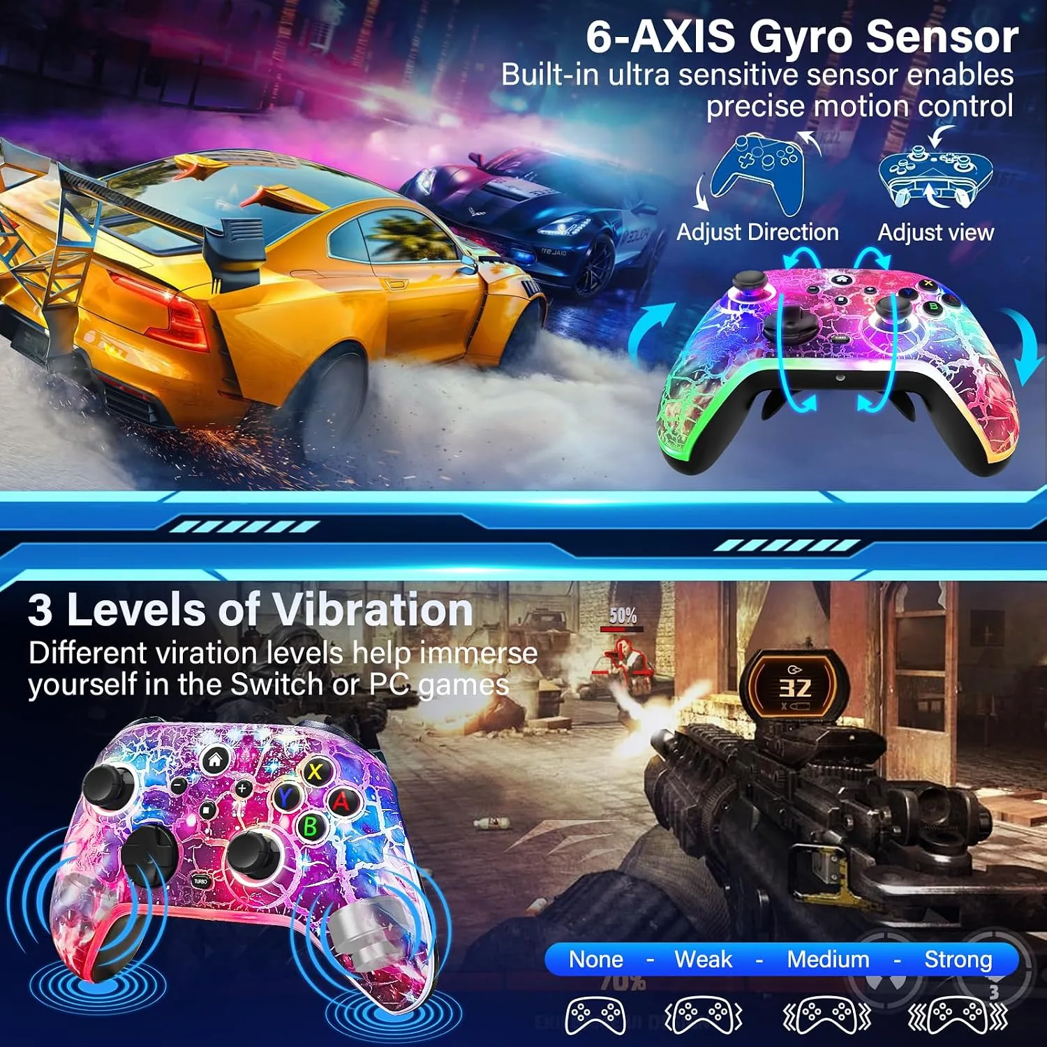 Switch Controllers for Nitendo Switch/Lite/OLED, 1200mAh Wireless Switch Pro Controller, 10 Colors Light & Cool Nebula Design, Switch Turbo controller with Vibration/Motion Control/Turbo/Gyro/Wake up