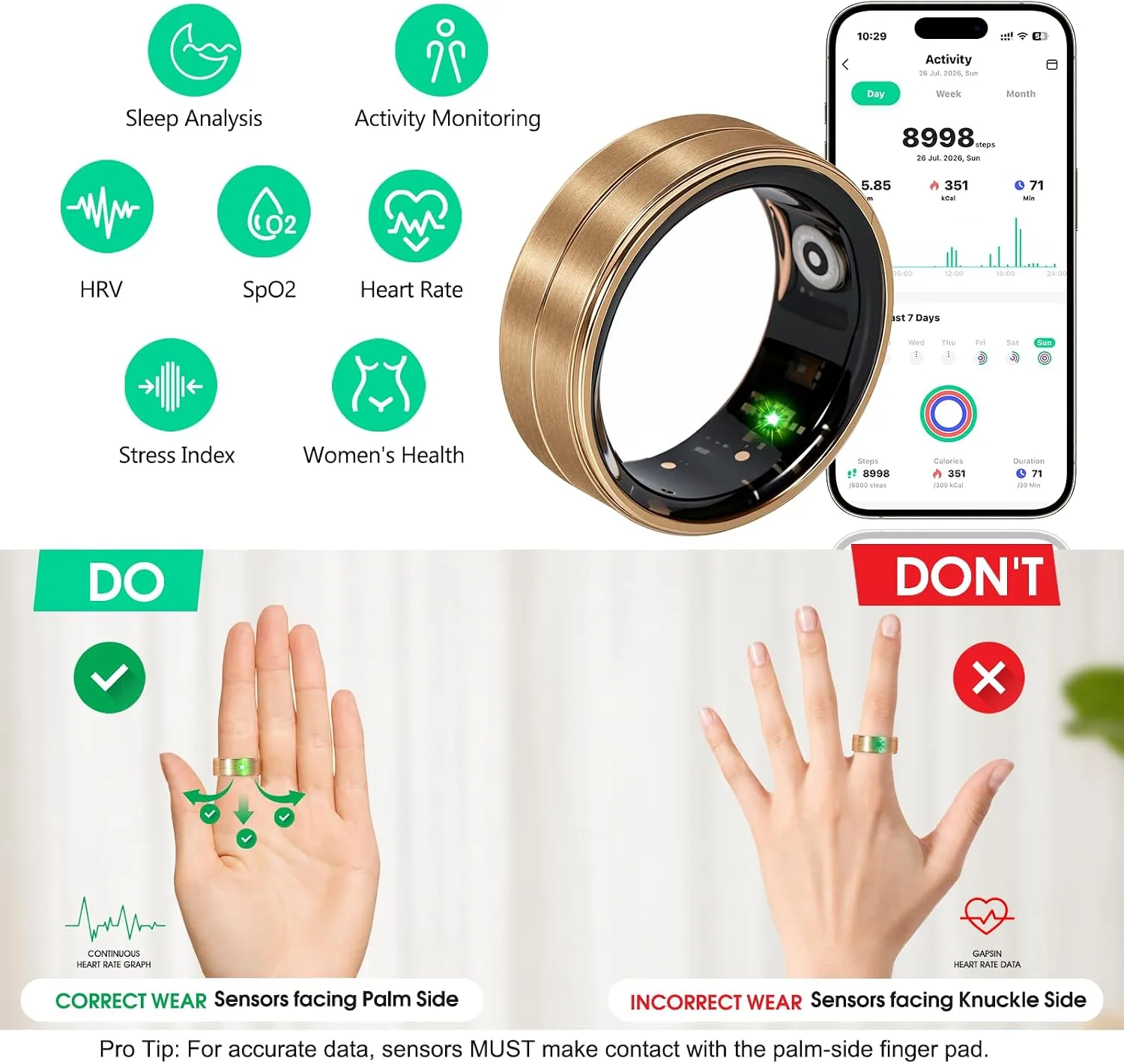 Smart Ring for Women Fitness Ring Health Ring, No Subscriptio Gold 9#