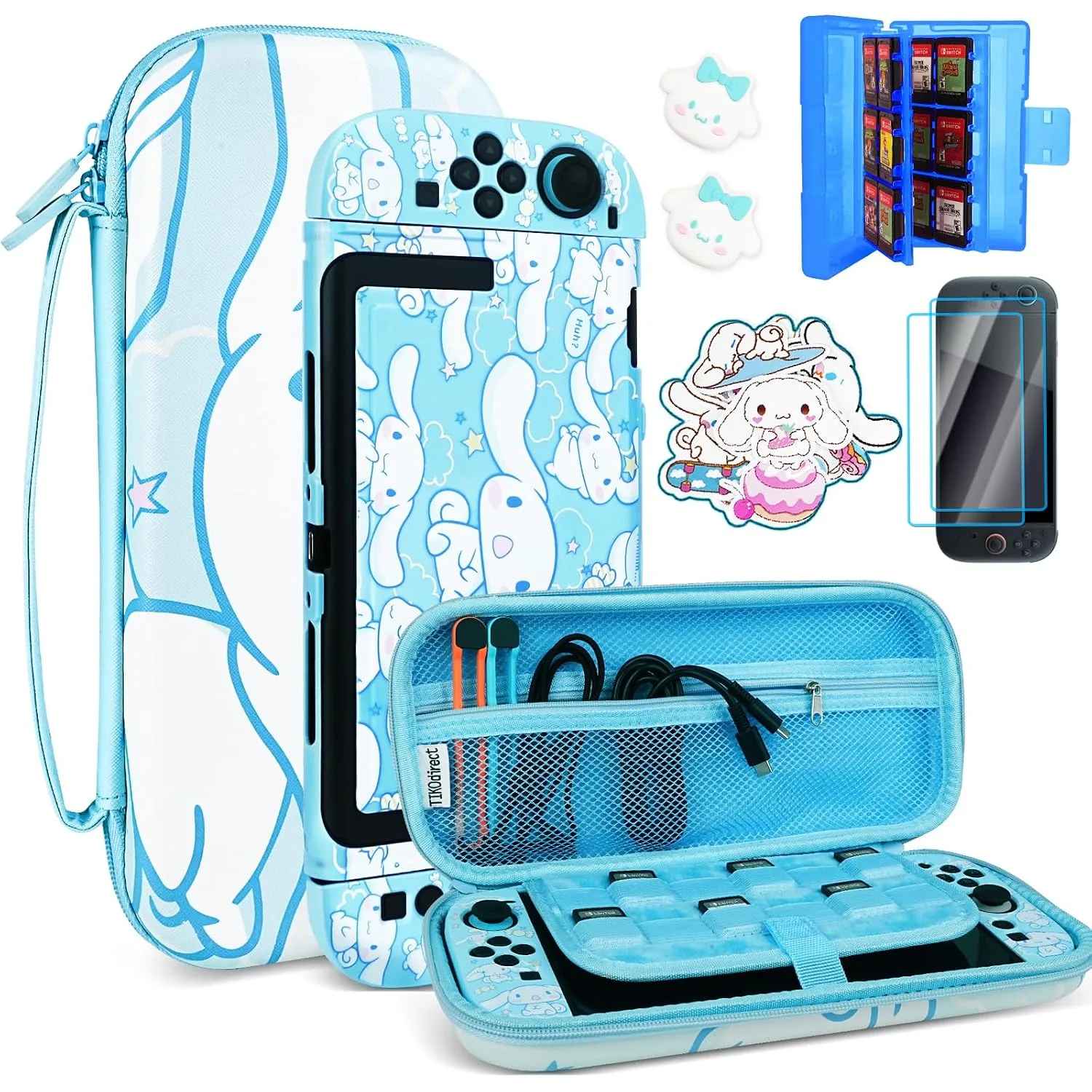 TIKOdirect Carrying Case for Switch 2, Cute Portable Bag Accessories with Soft Protective Case, Screen Protectors and Thumb Grip caps, Game Card Case 7in1, Blue