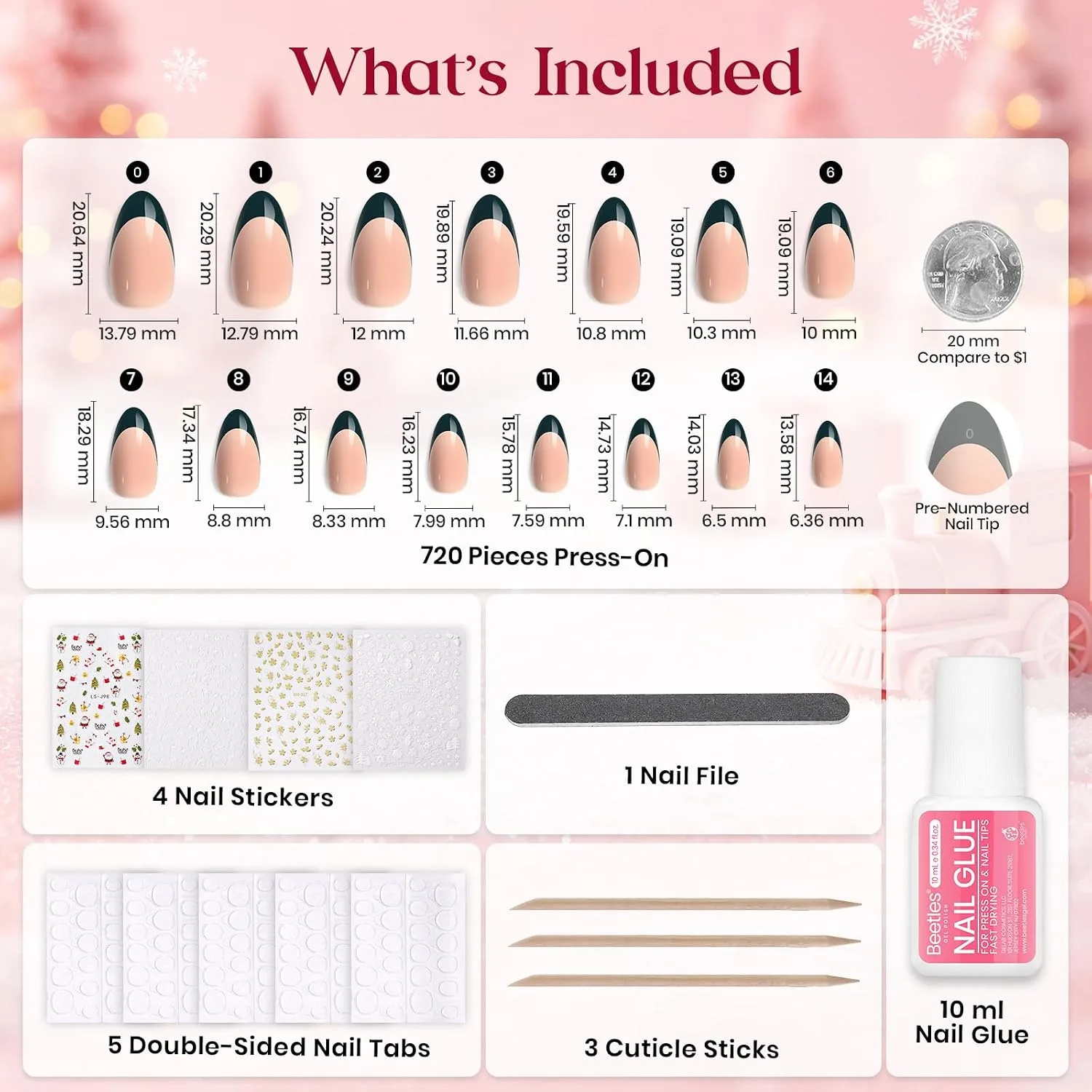 Beetles 720 PCS Short Almond Press On Nails Kit, 24 Colors, 15 Sizes