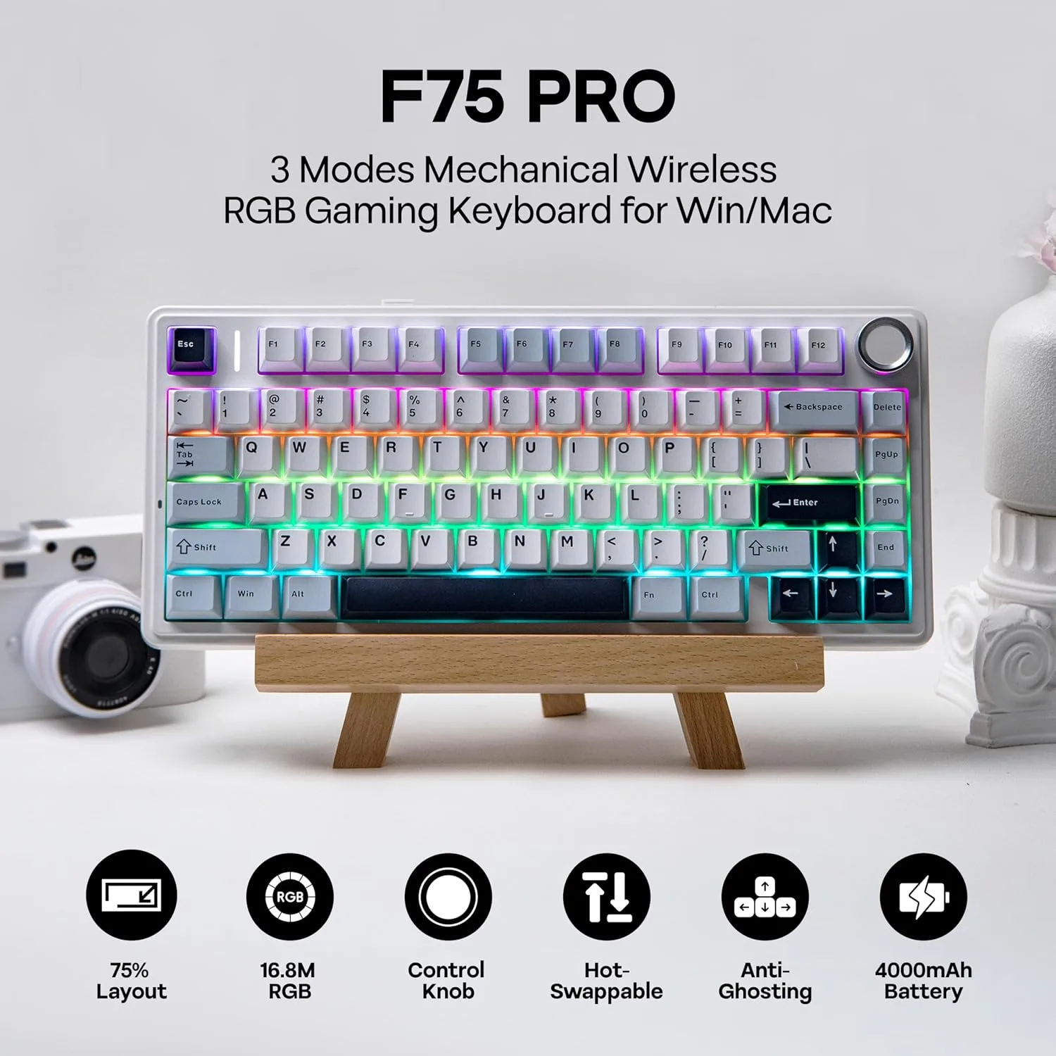 MechLands Aula F75 PRO 75% Wireless Gaming Keyboard, Gasket Mechanical Custom Keyboard with Five-Layer Padding, BT/2.4GHz/USB-C, Hot Swappable, Knob, RGB, Reaper Switches (White Blue)
