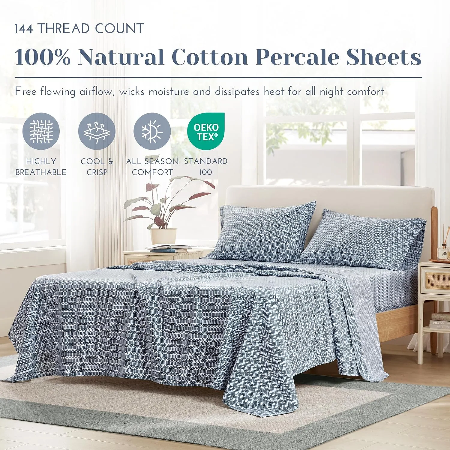 Comfort Spaces 100% Cotton Percale Sheets Queen Size 4 Piece, Diamond Blue